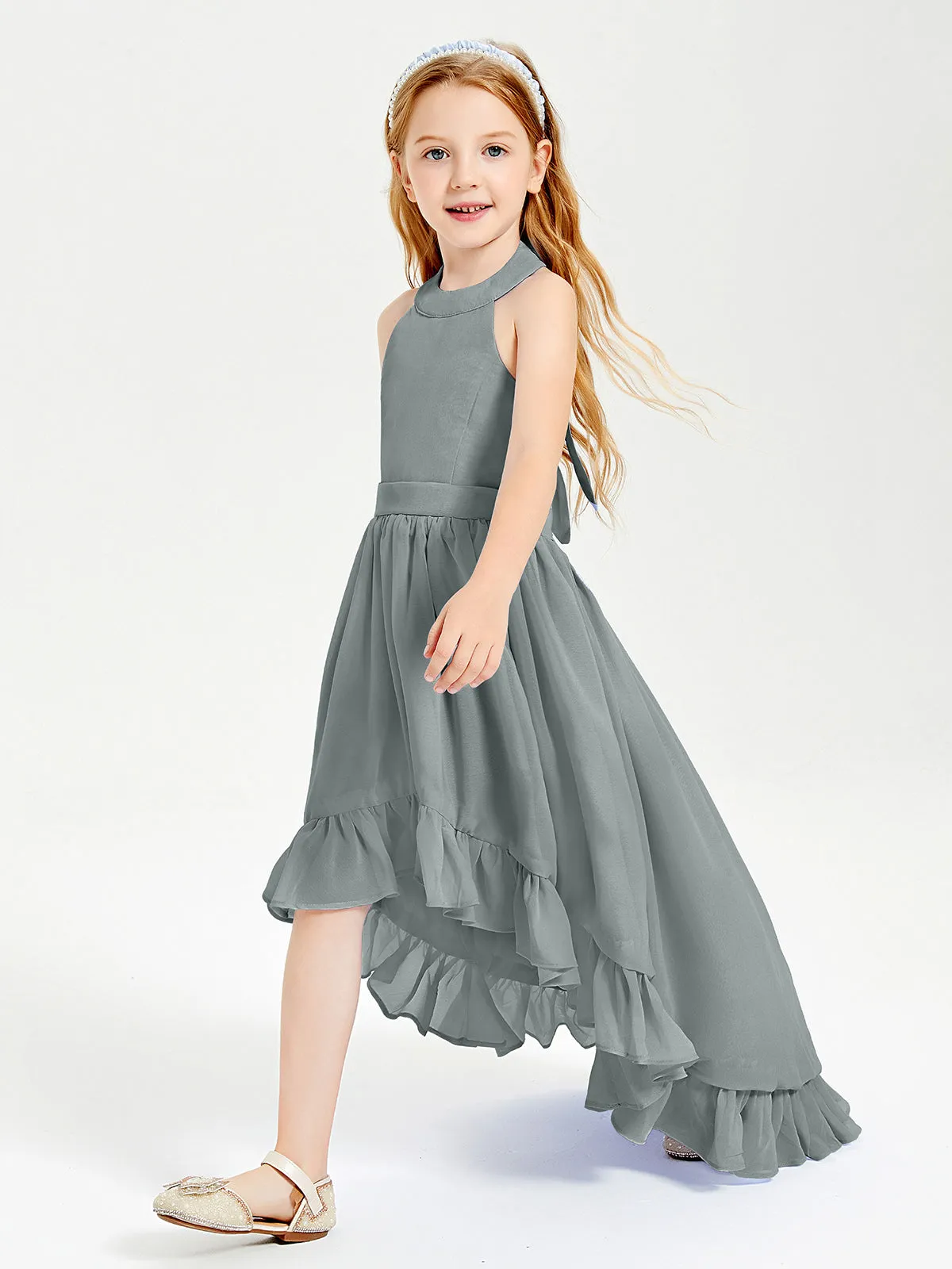 Boho Junior Bridesmaid Dresses Asymmetrical Cascading Skirt Steel Grey