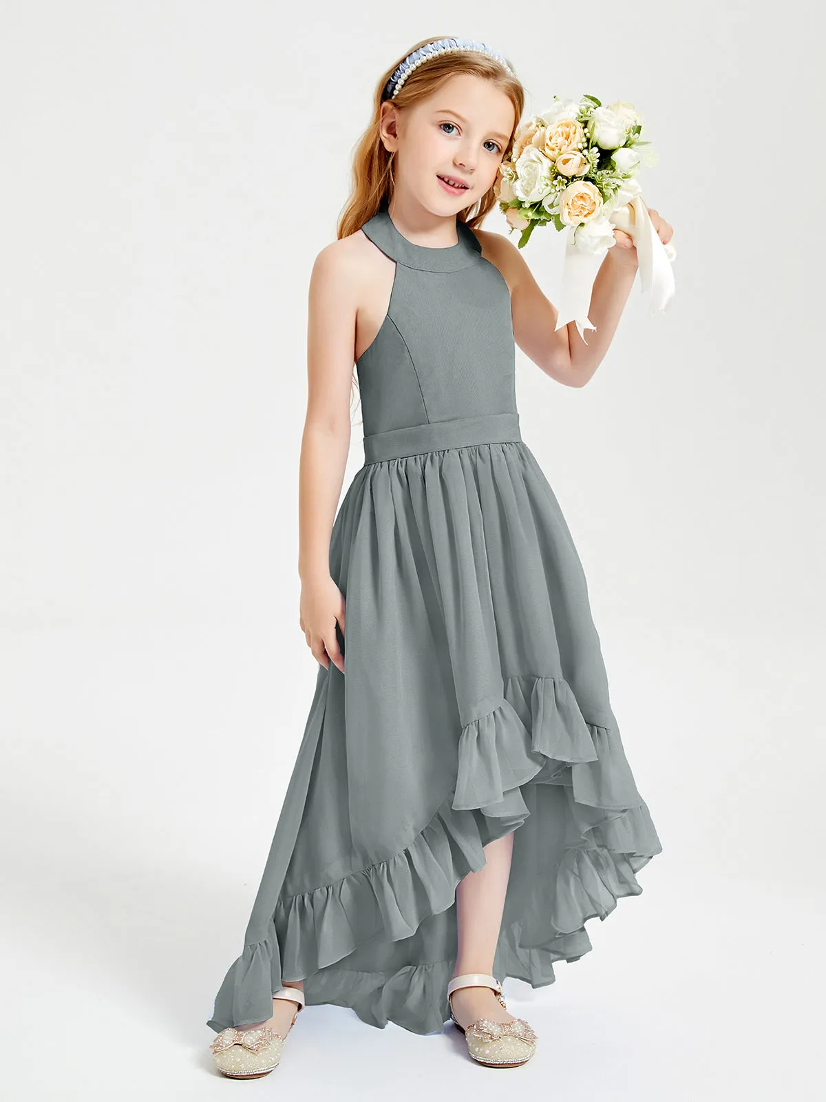 Boho Junior Bridesmaid Dresses Asymmetrical Cascading Skirt Steel Grey