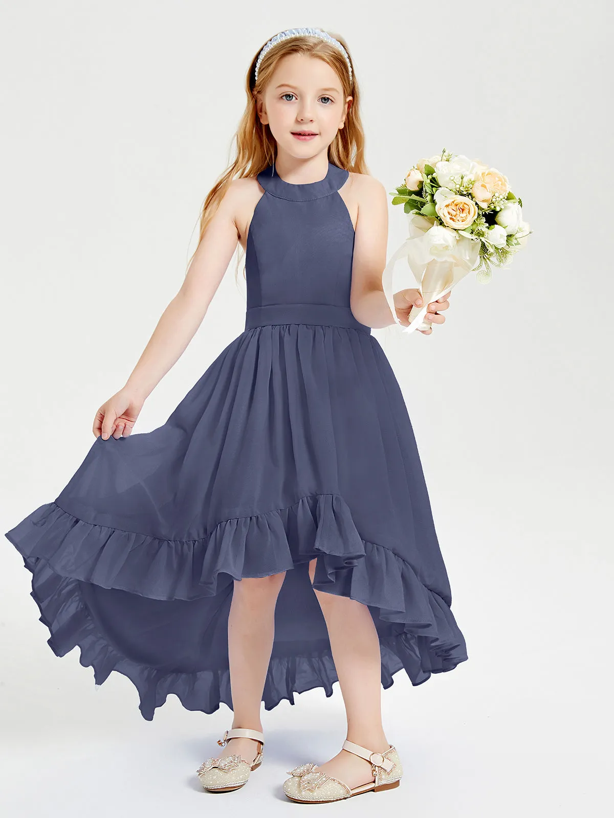 Boho Junior Bridesmaid Dresses Asymmetrical Cascading Skirt Stormy