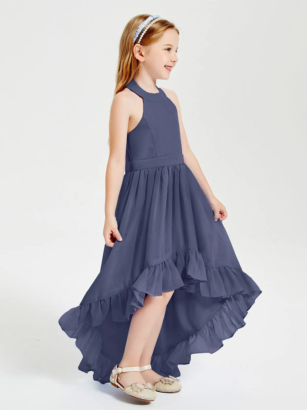 Boho Junior Bridesmaid Dresses Asymmetrical Cascading Skirt Stormy