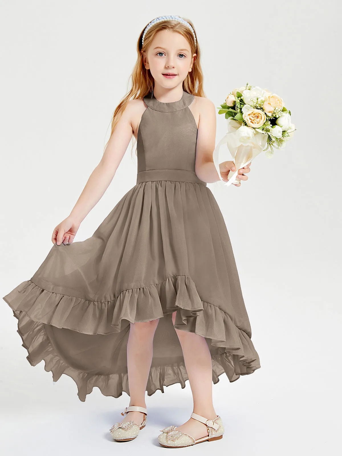 Boho Junior Bridesmaid Dresses Asymmetrical Cascading Skirt Taupe