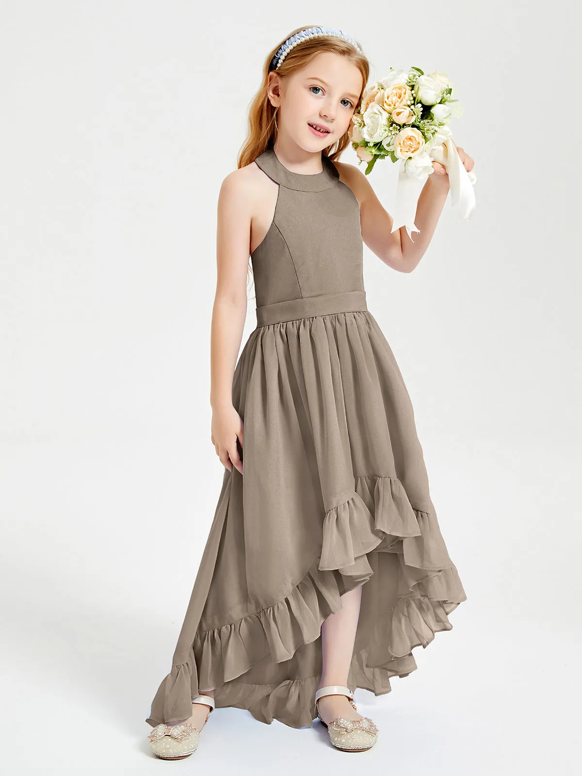 Boho Junior Bridesmaid Dresses Asymmetrical Cascading Skirt Taupe