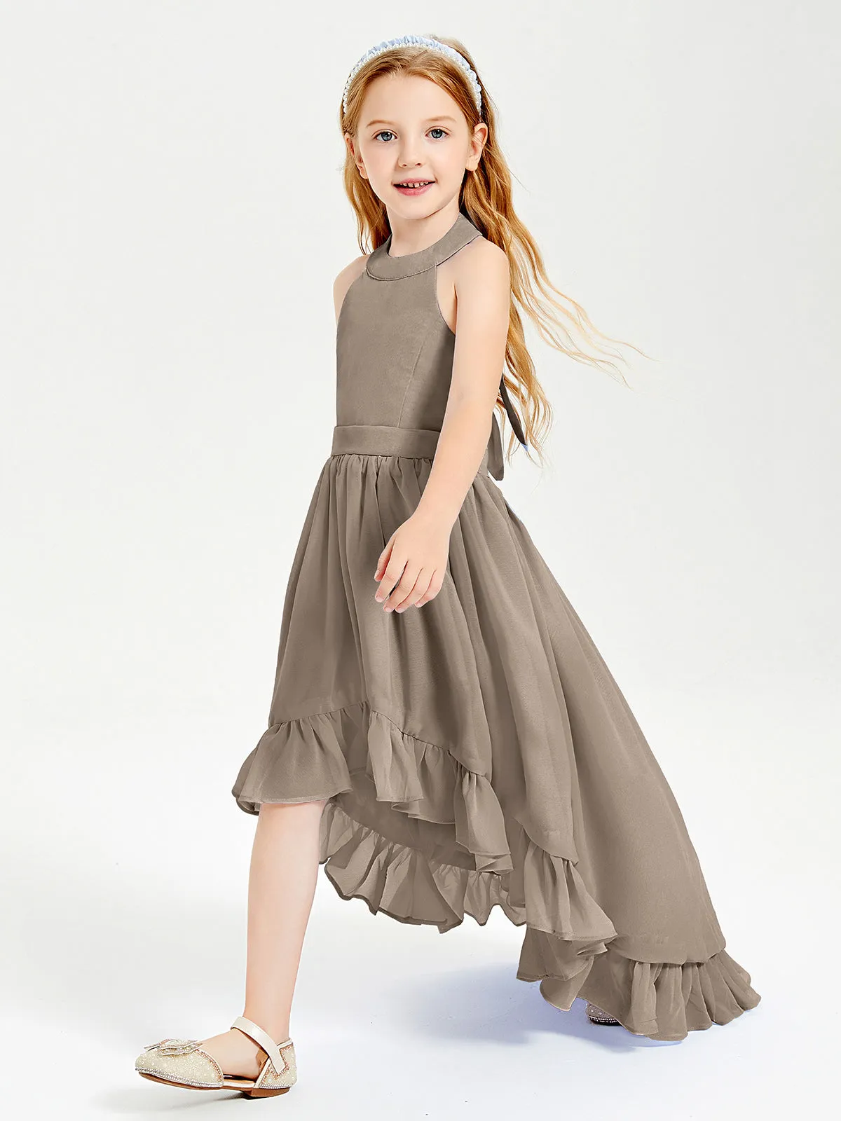 Boho Junior Bridesmaid Dresses Asymmetrical Cascading Skirt Taupe