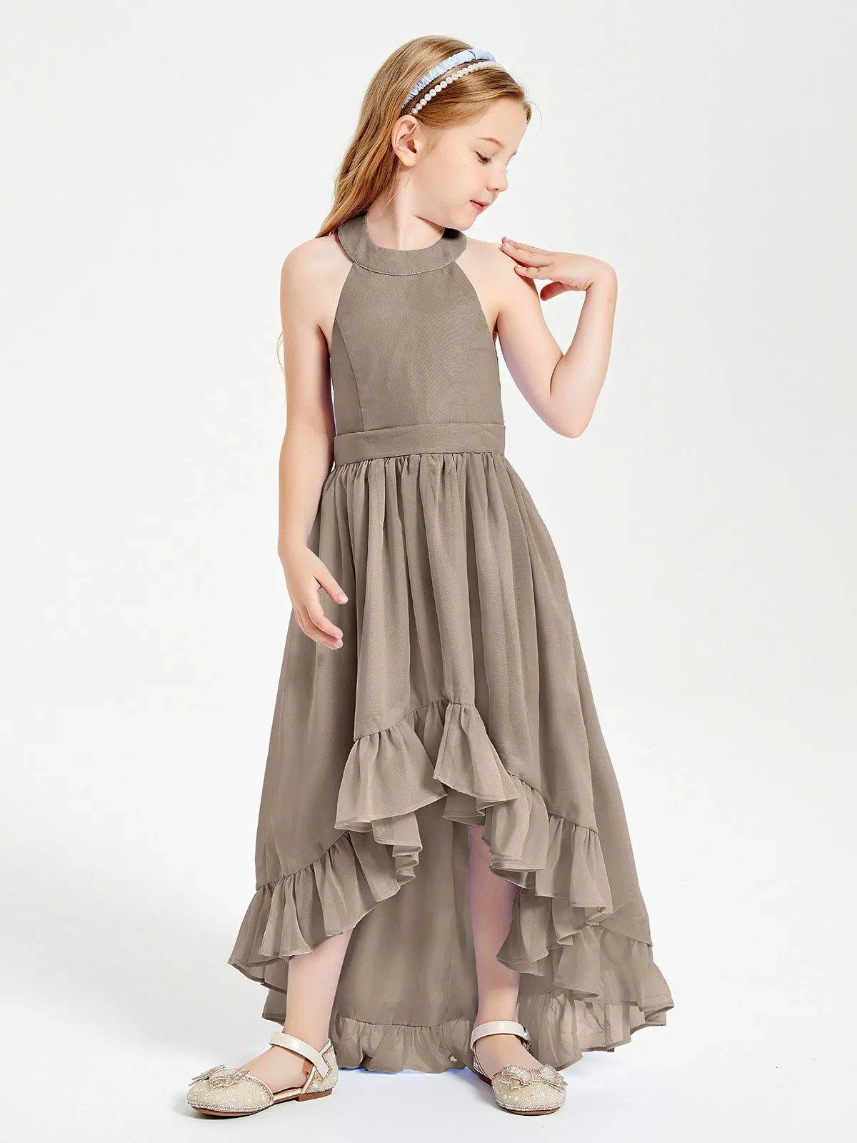 Boho Junior Bridesmaid Dresses Asymmetrical Cascading Skirt Taupe