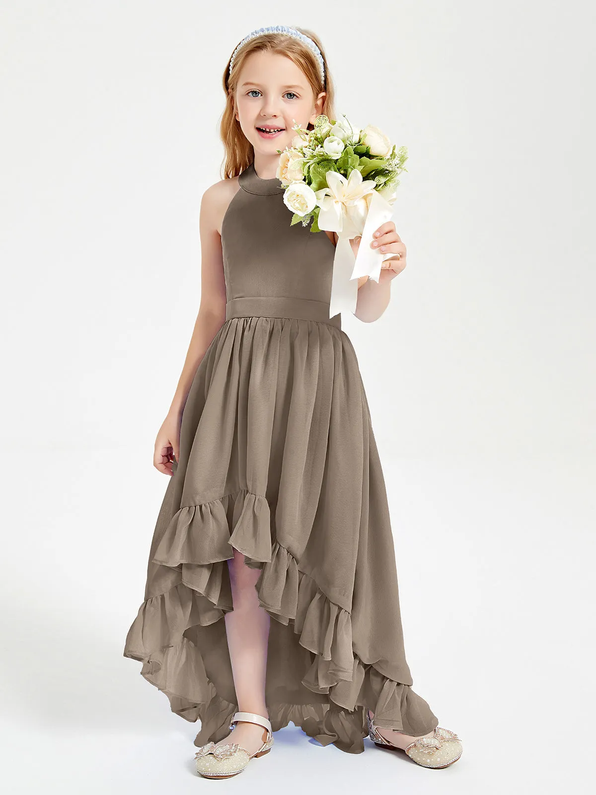 Boho Junior Bridesmaid Dresses Asymmetrical Cascading Skirt Taupe