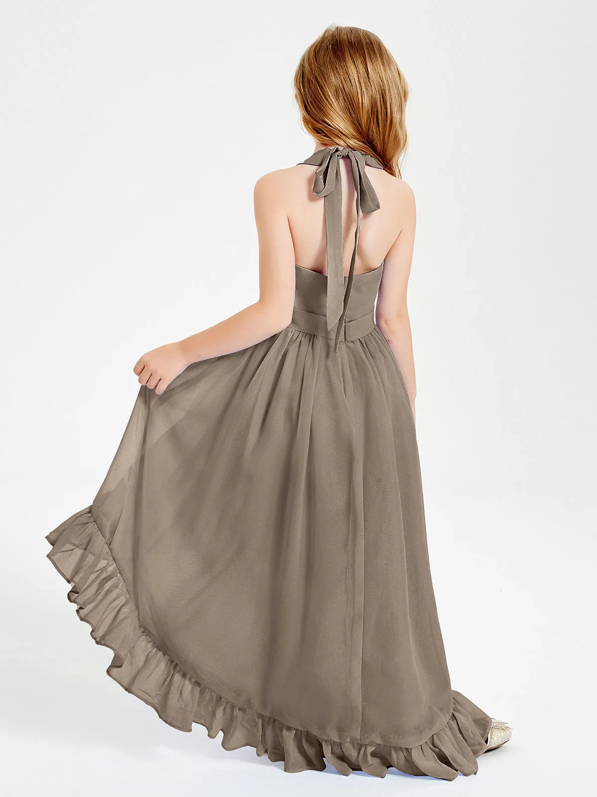 Boho Junior Bridesmaid Dresses Asymmetrical Cascading Skirt Taupe