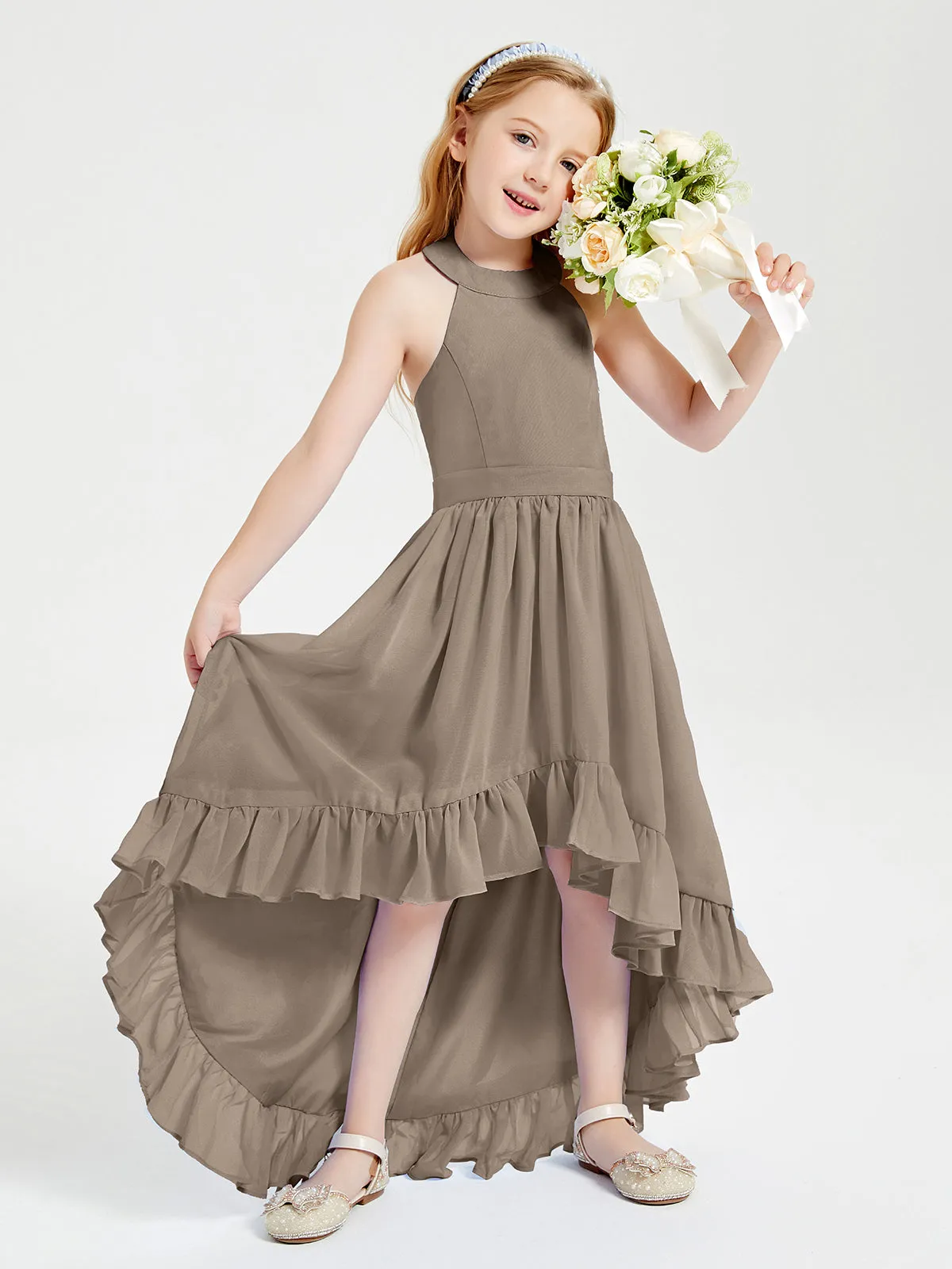 Boho Junior Bridesmaid Dresses Asymmetrical Cascading Skirt Taupe