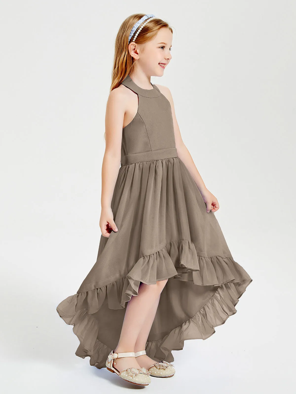 Boho Junior Bridesmaid Dresses Asymmetrical Cascading Skirt Taupe