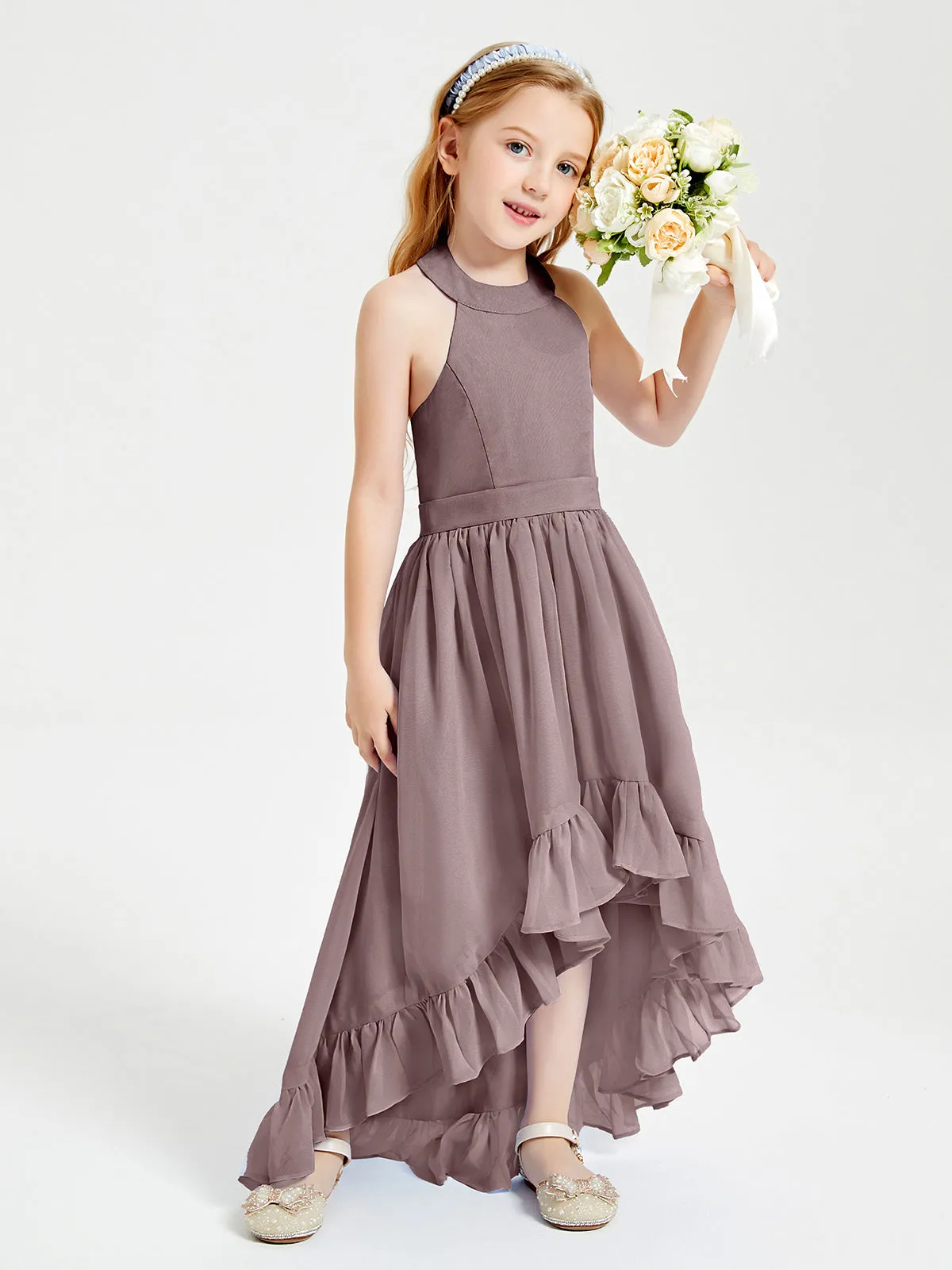 Boho Junior Bridesmaid Dresses Asymmetrical Cascading Skirt Vintage Mauve