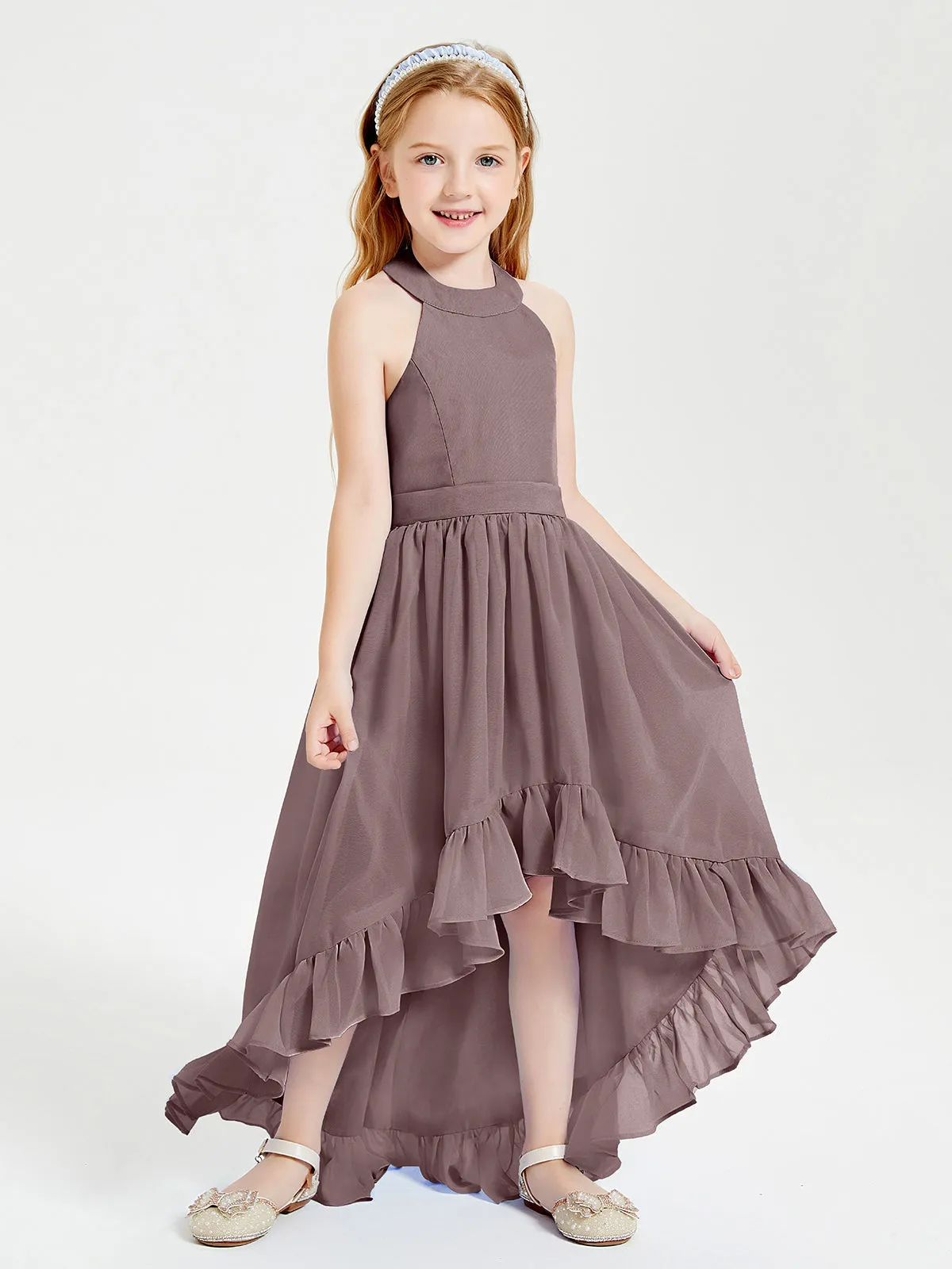 Boho Junior Bridesmaid Dresses Asymmetrical Cascading Skirt Vintage Mauve