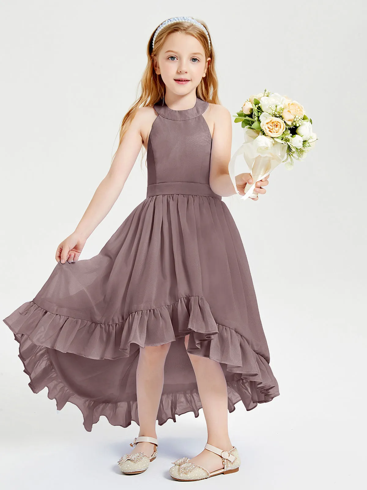 Boho Junior Bridesmaid Dresses Asymmetrical Cascading Skirt Vintage Mauve