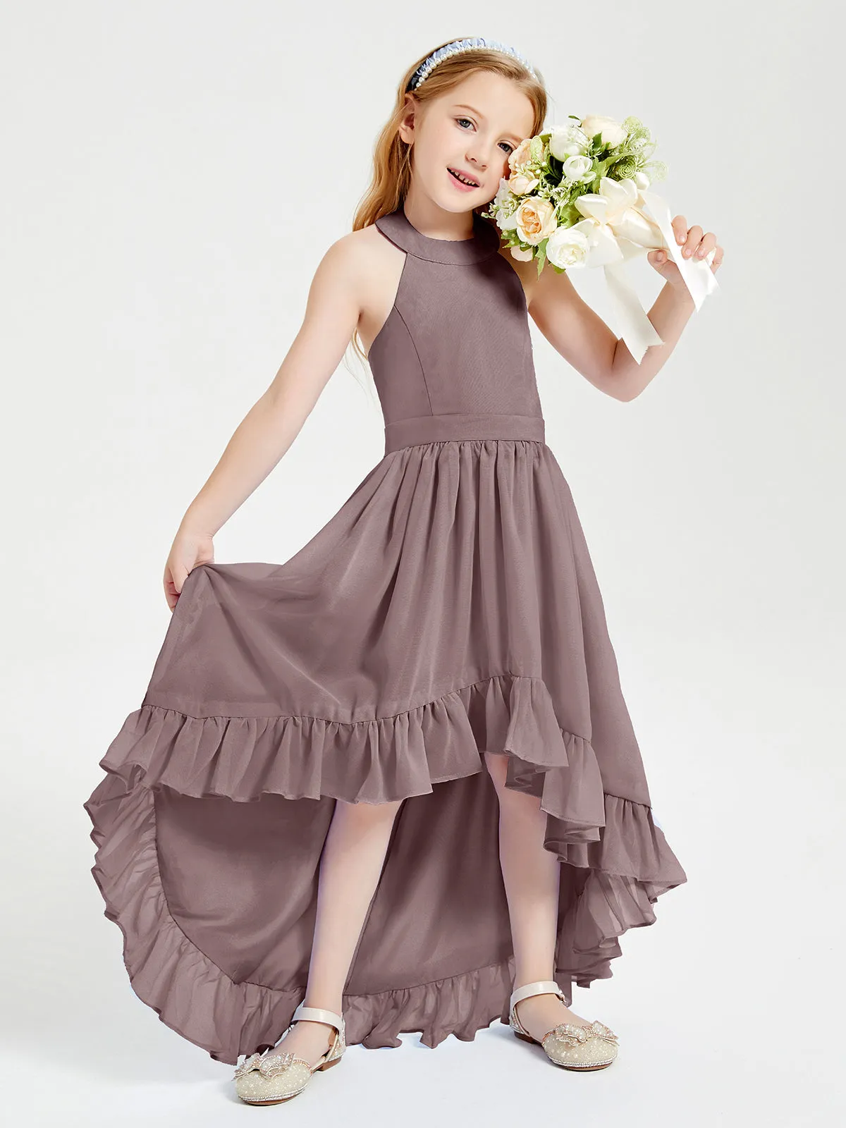 Boho Junior Bridesmaid Dresses Asymmetrical Cascading Skirt Vintage Mauve