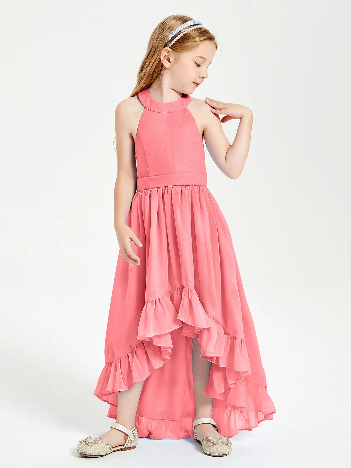 Boho Junior Bridesmaid Dresses Asymmetrical Cascading Skirt Watermelon