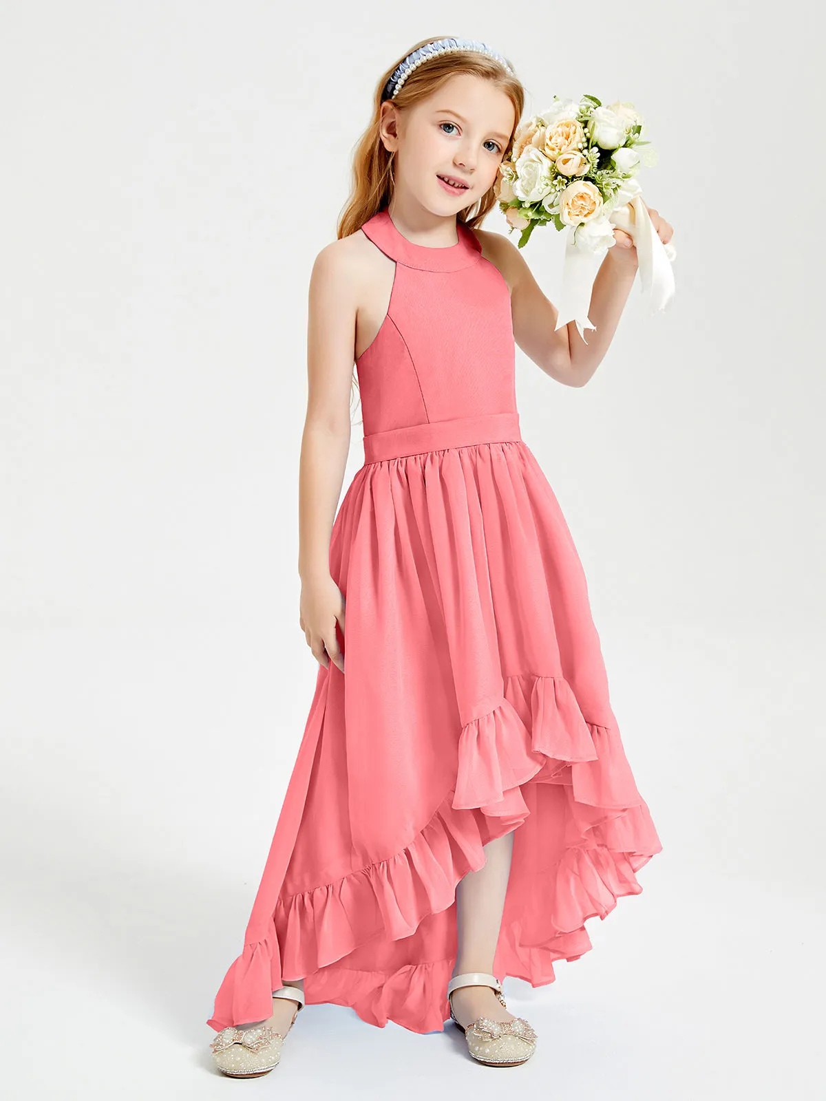 Boho Junior Bridesmaid Dresses Asymmetrical Cascading Skirt Watermelon