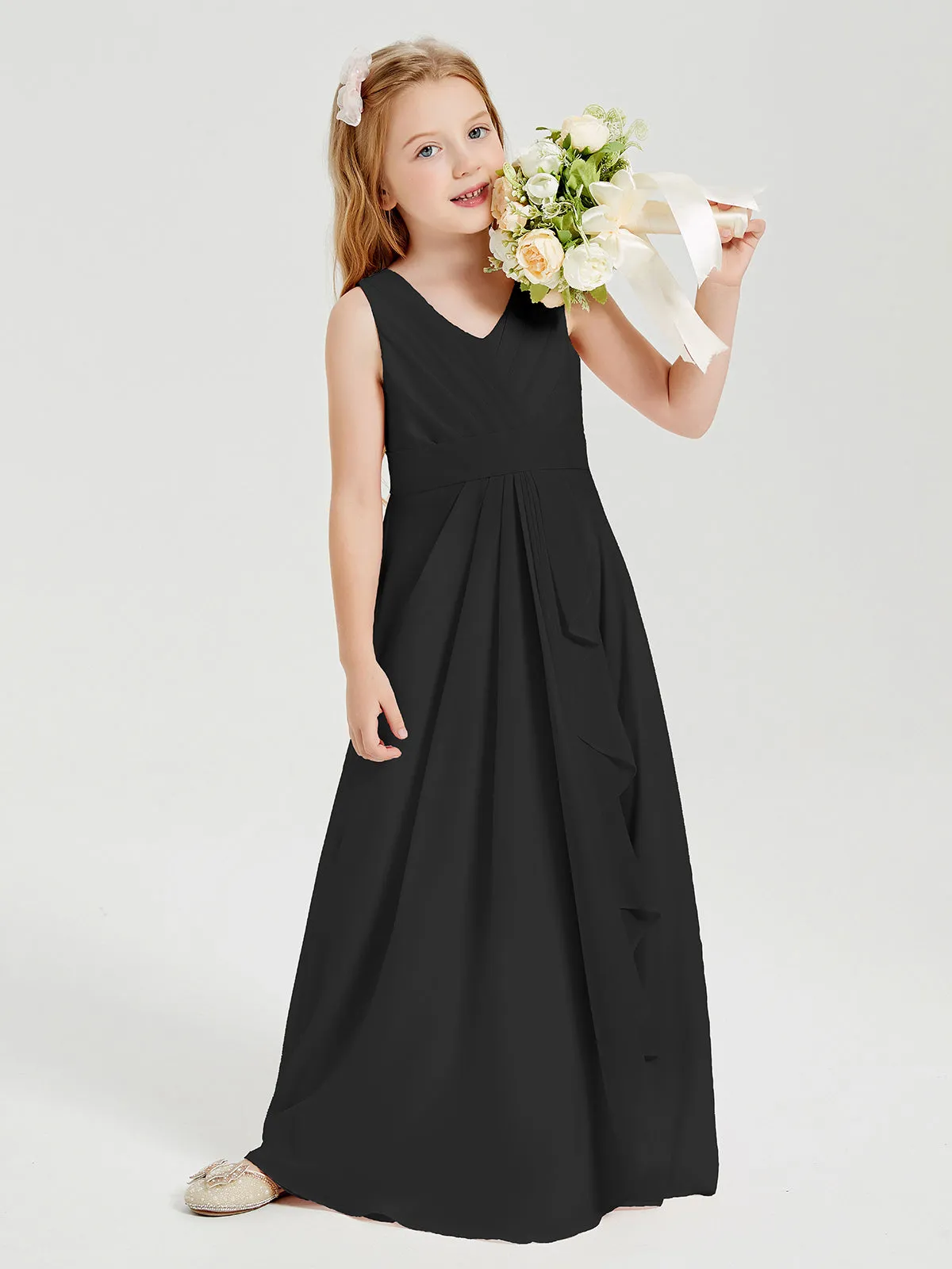 Boho Long Chiffon Bridesmaid Dresses Cascading Skirt Black