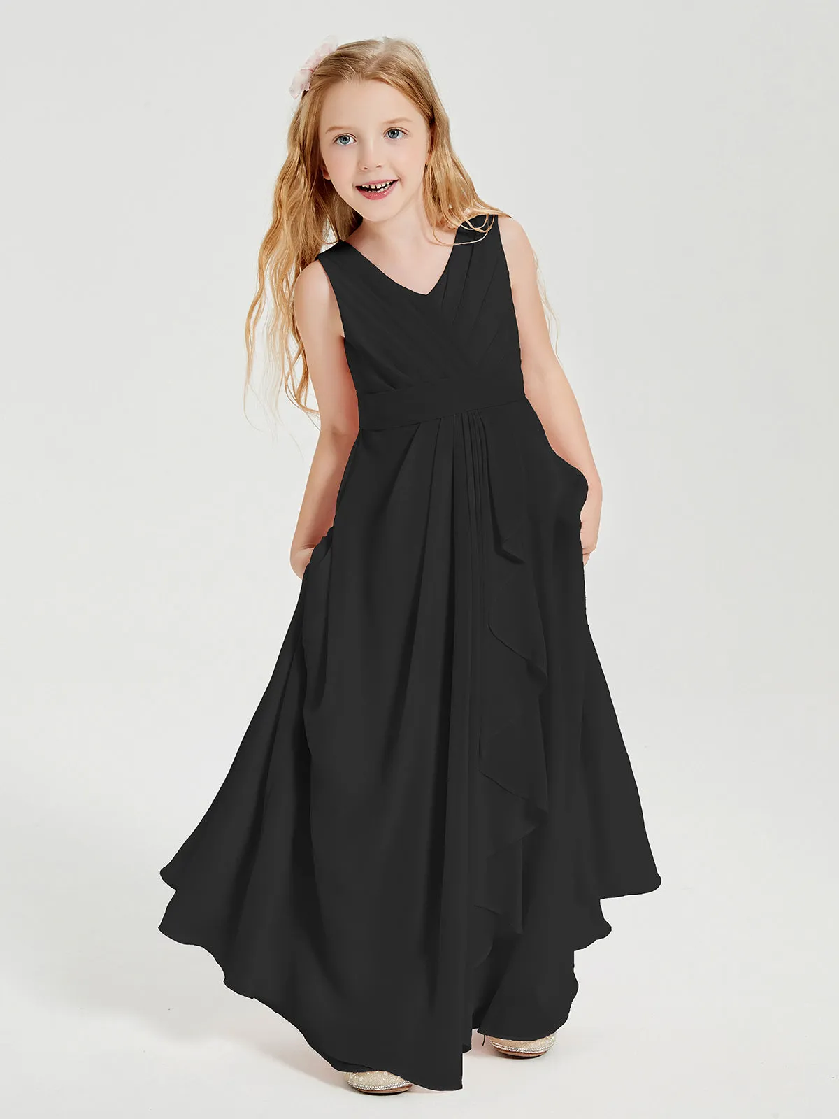 Boho Long Chiffon Bridesmaid Dresses Cascading Skirt Black