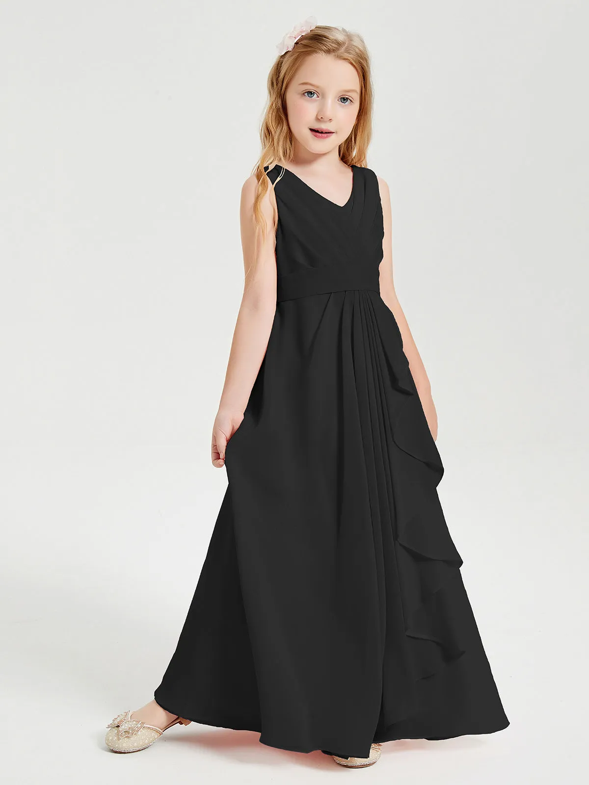 Boho Long Chiffon Bridesmaid Dresses Cascading Skirt Black