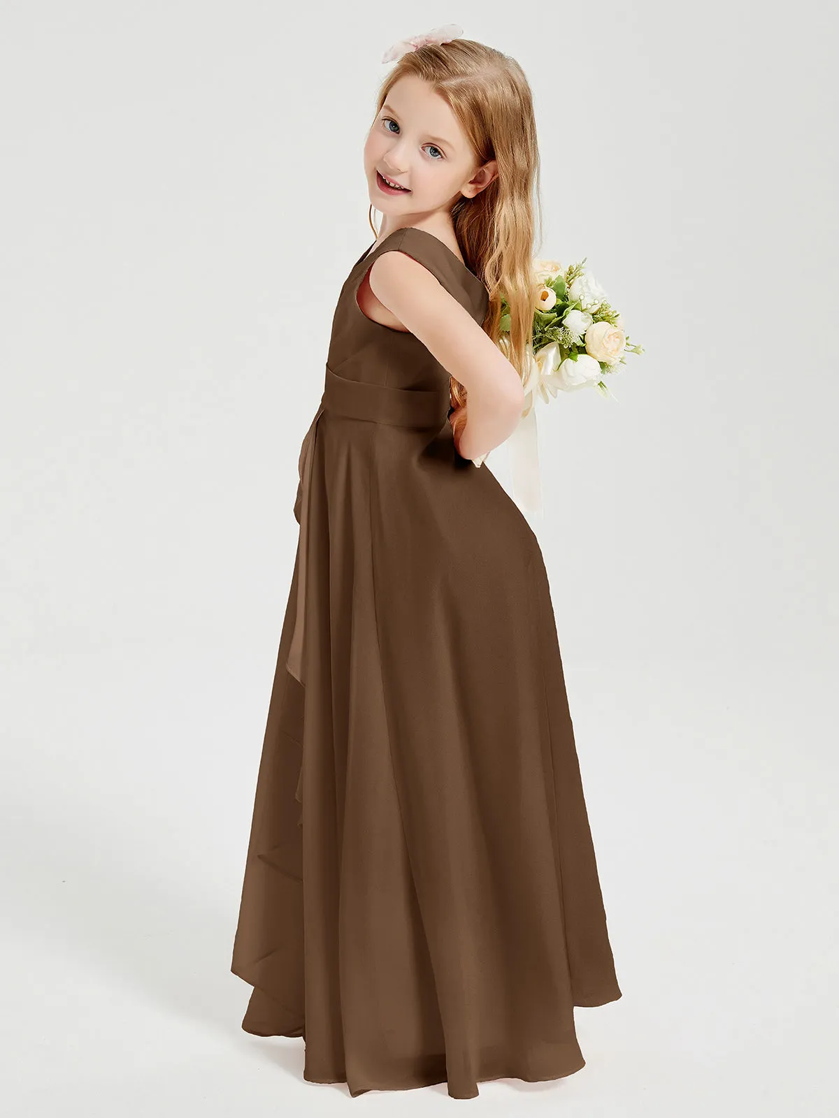 Boho Long Chiffon Bridesmaid Dresses Cascading Skirt Chocolate