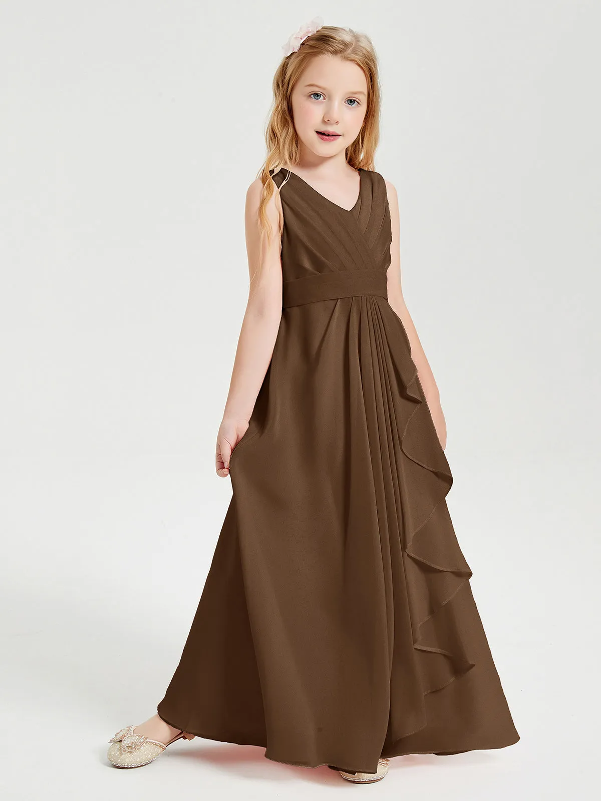 Boho Long Chiffon Bridesmaid Dresses Cascading Skirt Chocolate