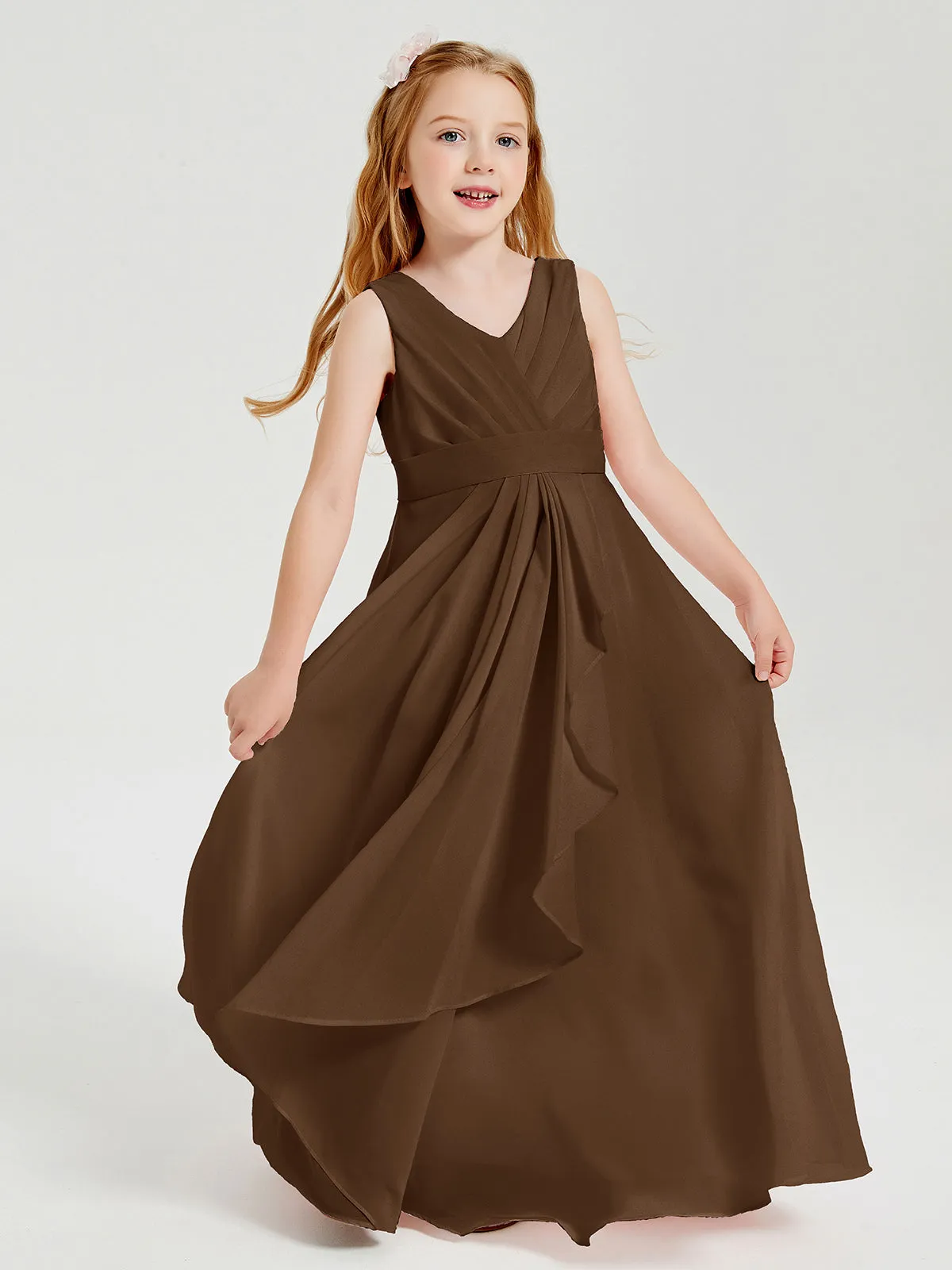 Boho Long Chiffon Bridesmaid Dresses Cascading Skirt Chocolate