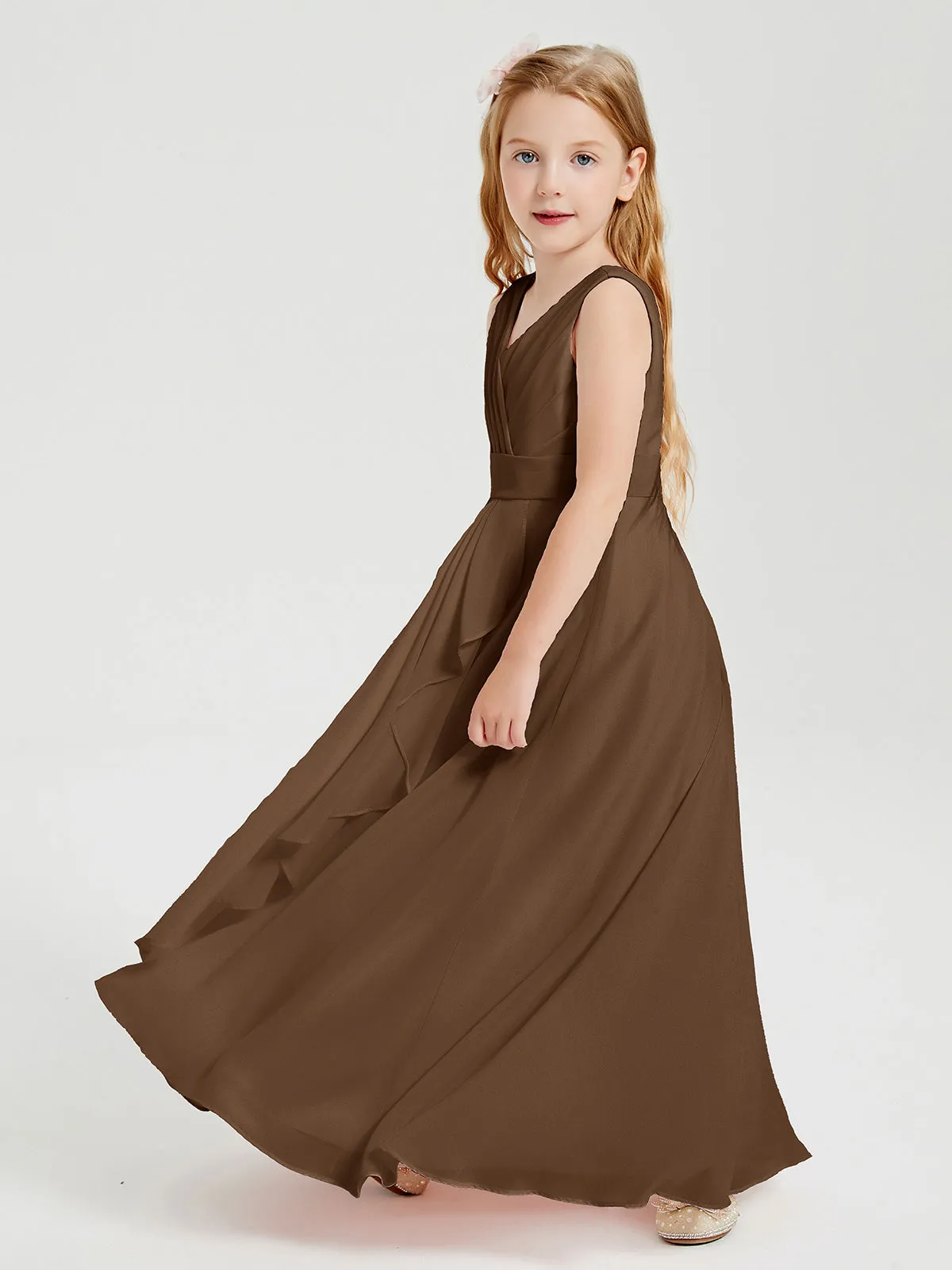 Boho Long Chiffon Bridesmaid Dresses Cascading Skirt Chocolate