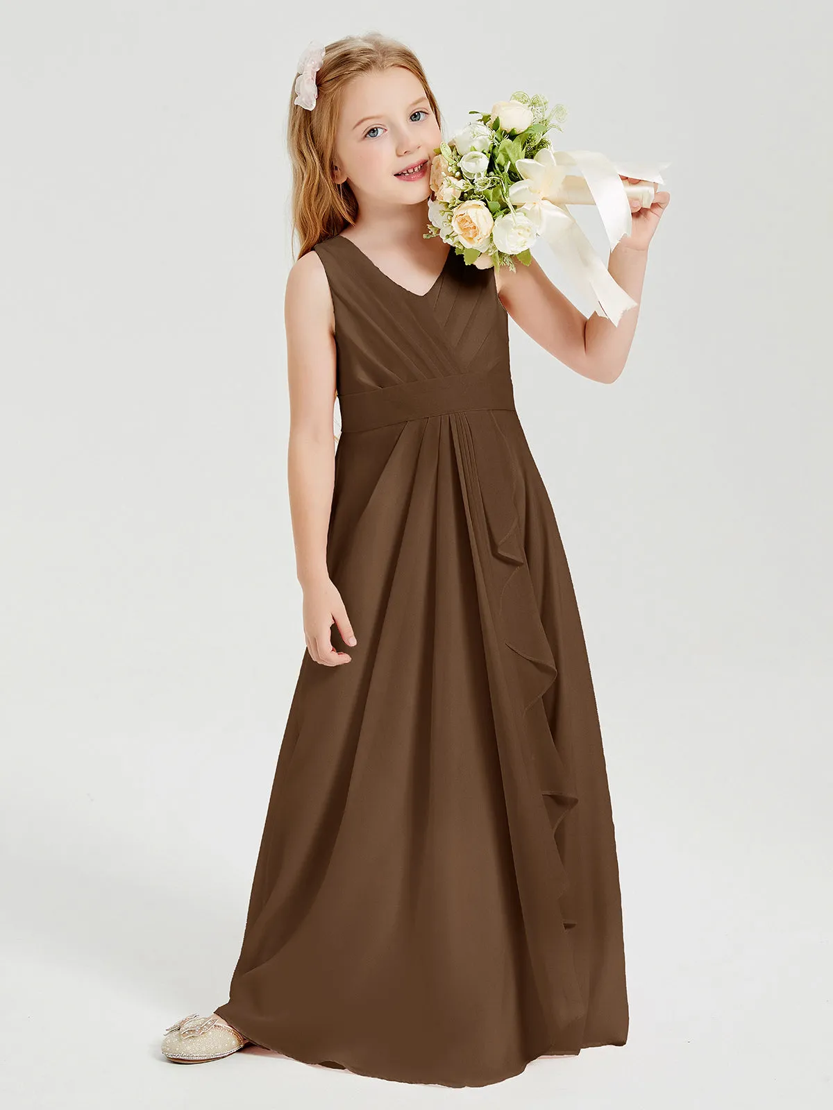 Boho Long Chiffon Bridesmaid Dresses Cascading Skirt Chocolate