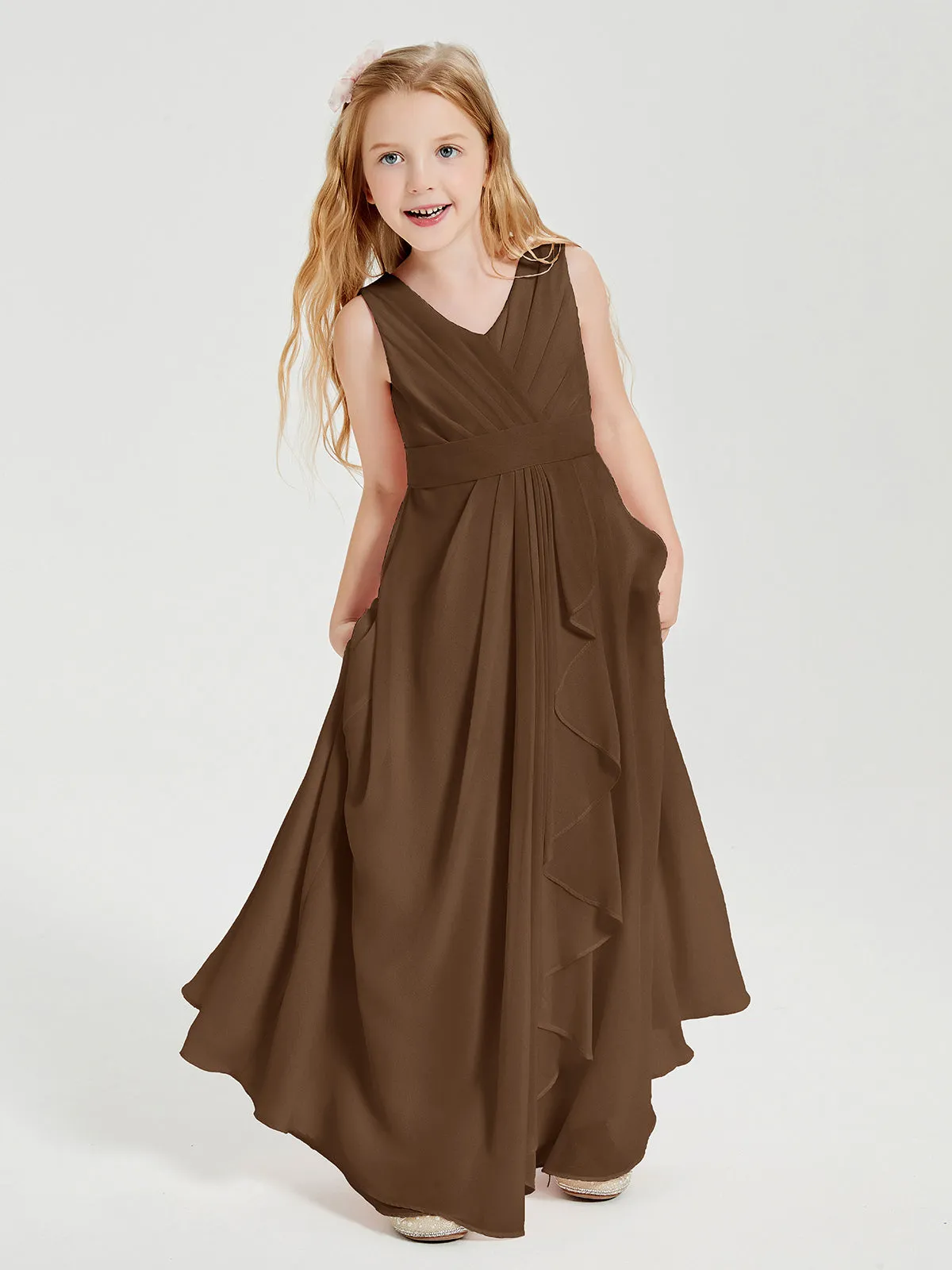 Boho Long Chiffon Bridesmaid Dresses Cascading Skirt Chocolate