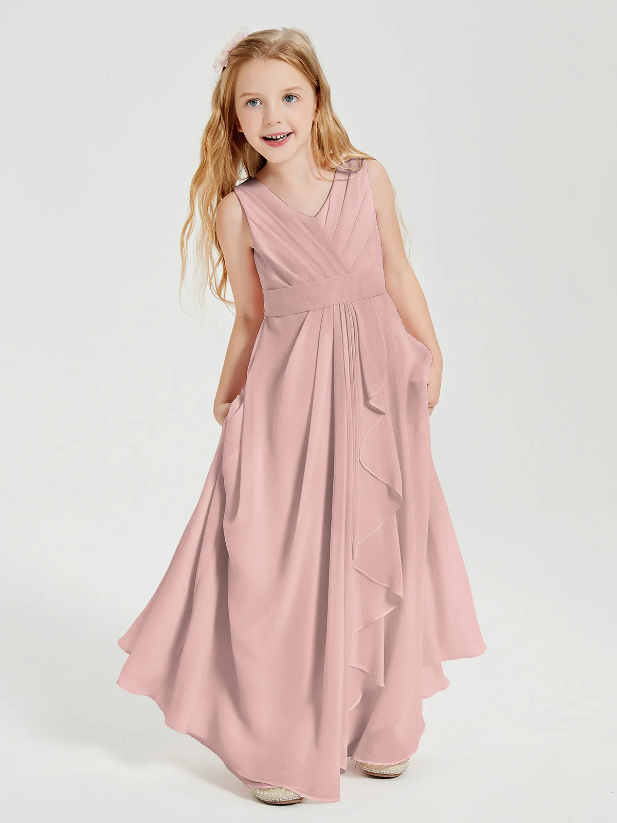 Boho Long Chiffon Bridesmaid Dresses Cascading Skirt Dusty Rose