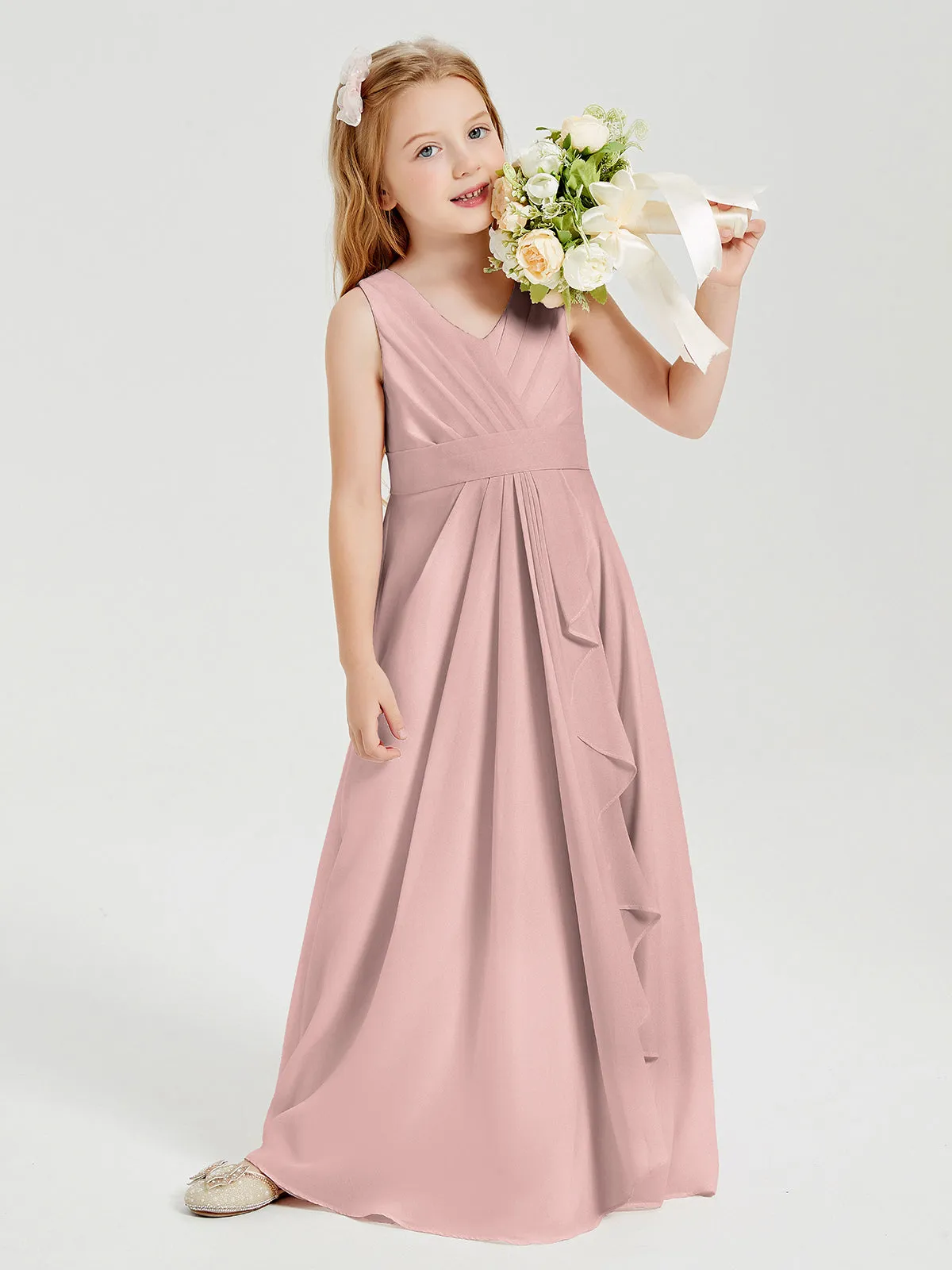 Boho Long Chiffon Bridesmaid Dresses Cascading Skirt Dusty Rose