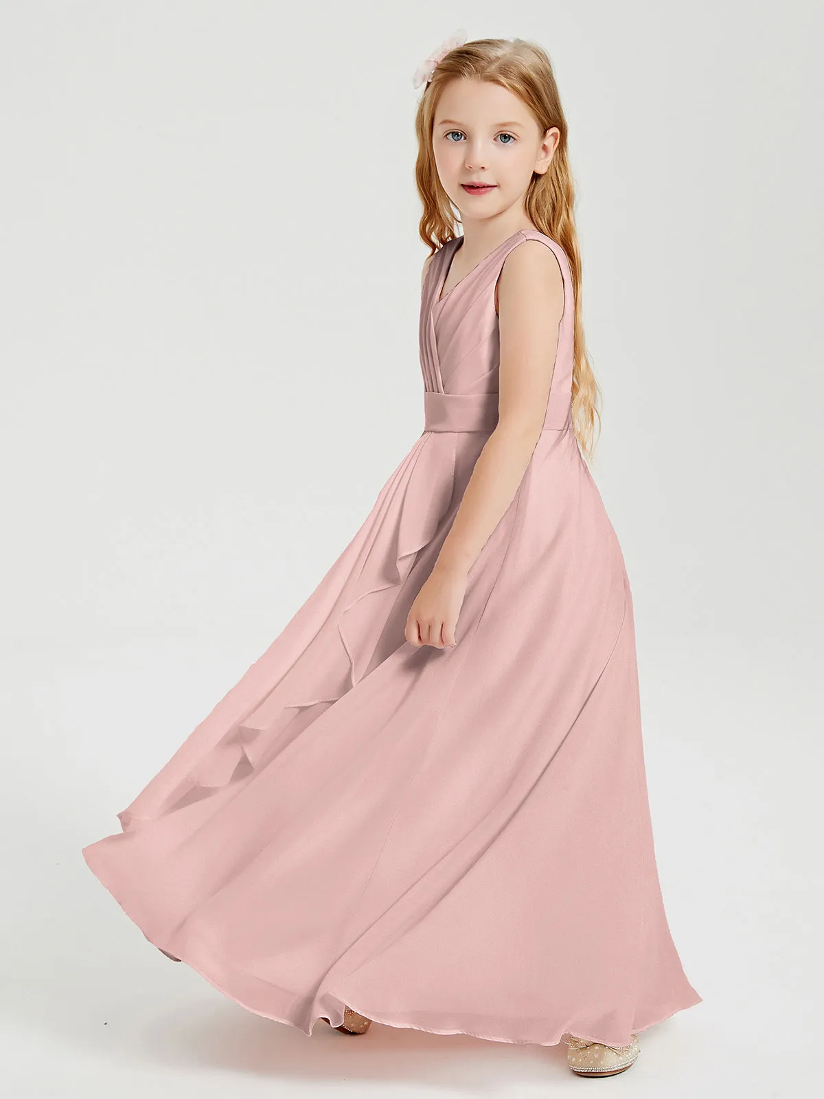 Boho Long Chiffon Bridesmaid Dresses Cascading Skirt Dusty Rose