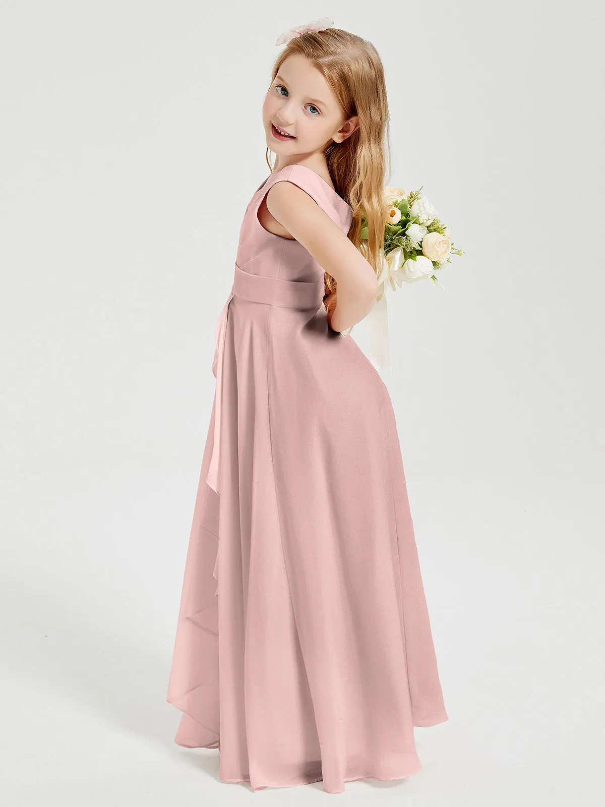 Boho Long Chiffon Bridesmaid Dresses Cascading Skirt Dusty Rose