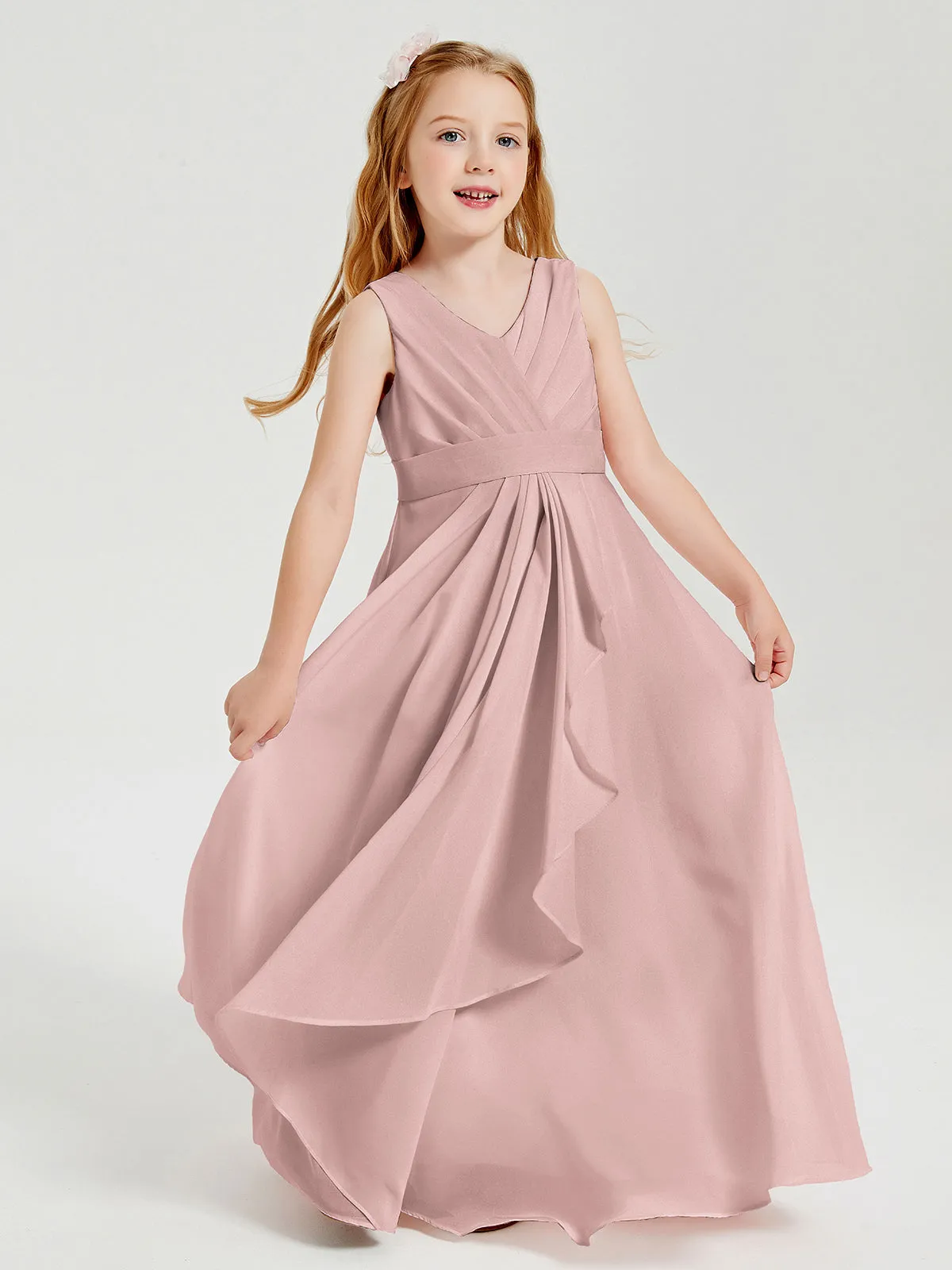 Boho Long Chiffon Bridesmaid Dresses Cascading Skirt Dusty Rose