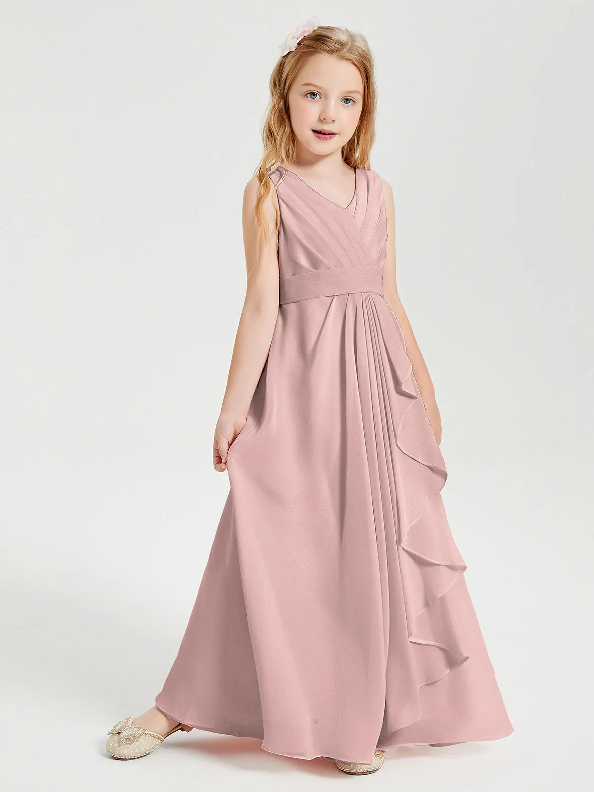 Boho Long Chiffon Bridesmaid Dresses Cascading Skirt Dusty Rose