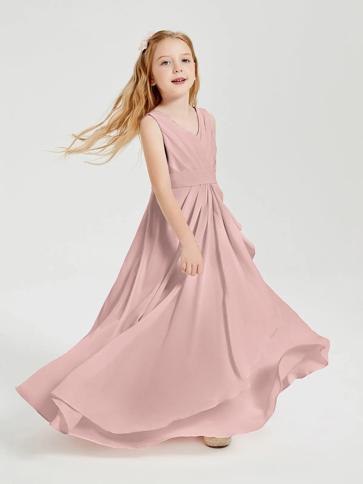 Boho Long Chiffon Bridesmaid Dresses Cascading Skirt Dusty Rose