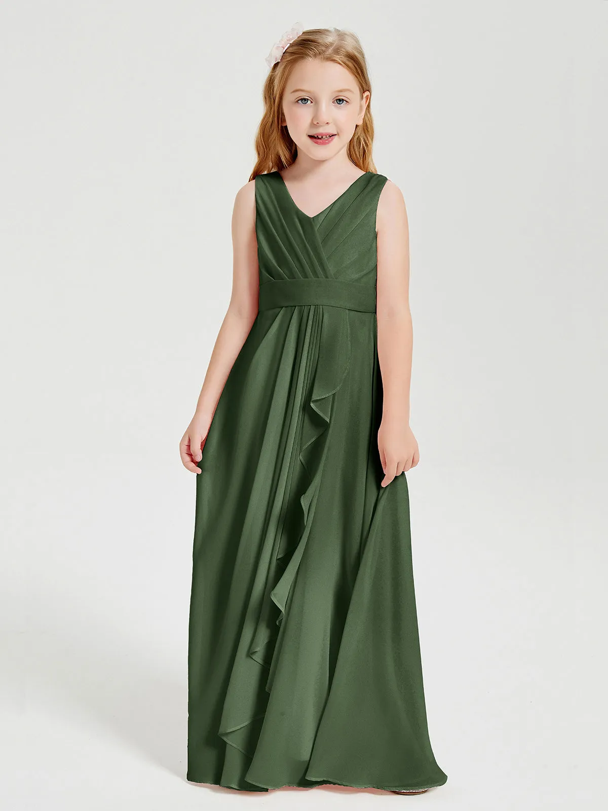 Boho Long Chiffon Bridesmaid Dresses Cascading Skirt Olive Green