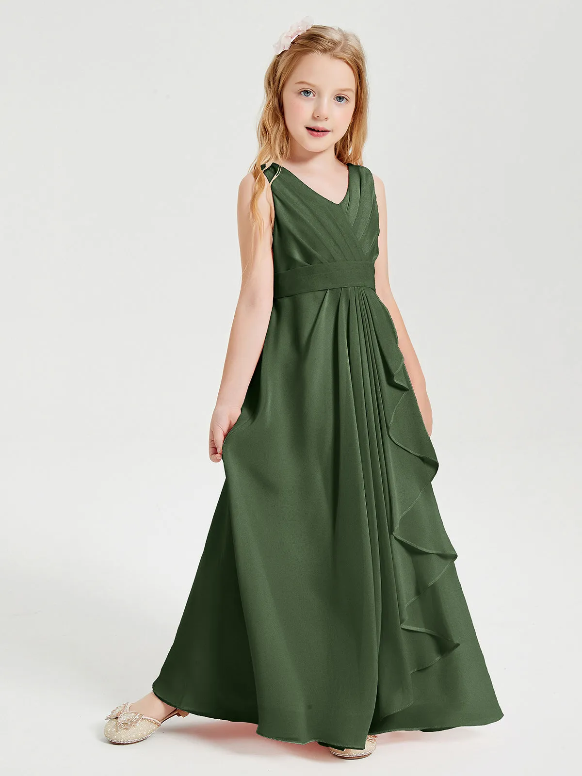 Boho Long Chiffon Bridesmaid Dresses Cascading Skirt Olive Green