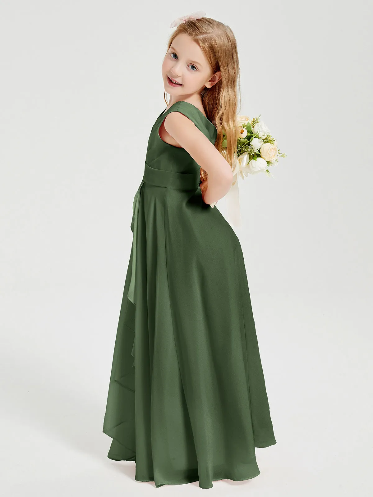 Boho Long Chiffon Bridesmaid Dresses Cascading Skirt Olive Green