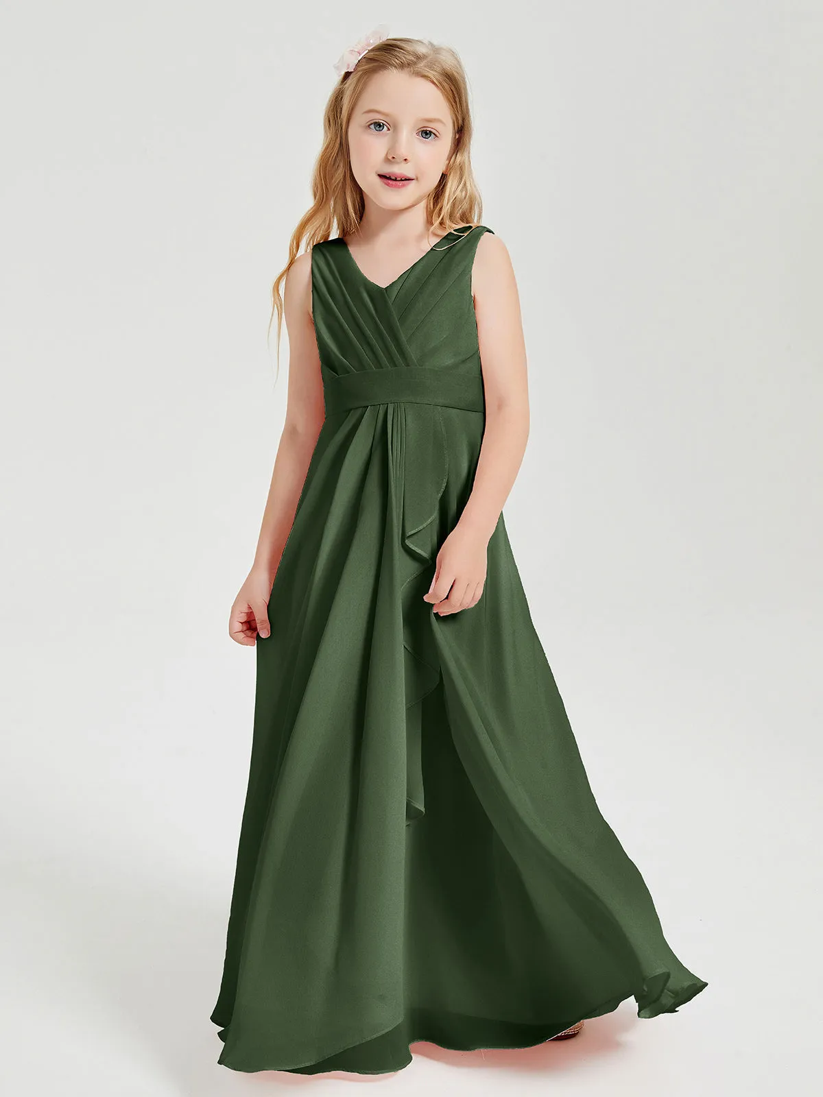 Boho Long Chiffon Bridesmaid Dresses Cascading Skirt Olive Green