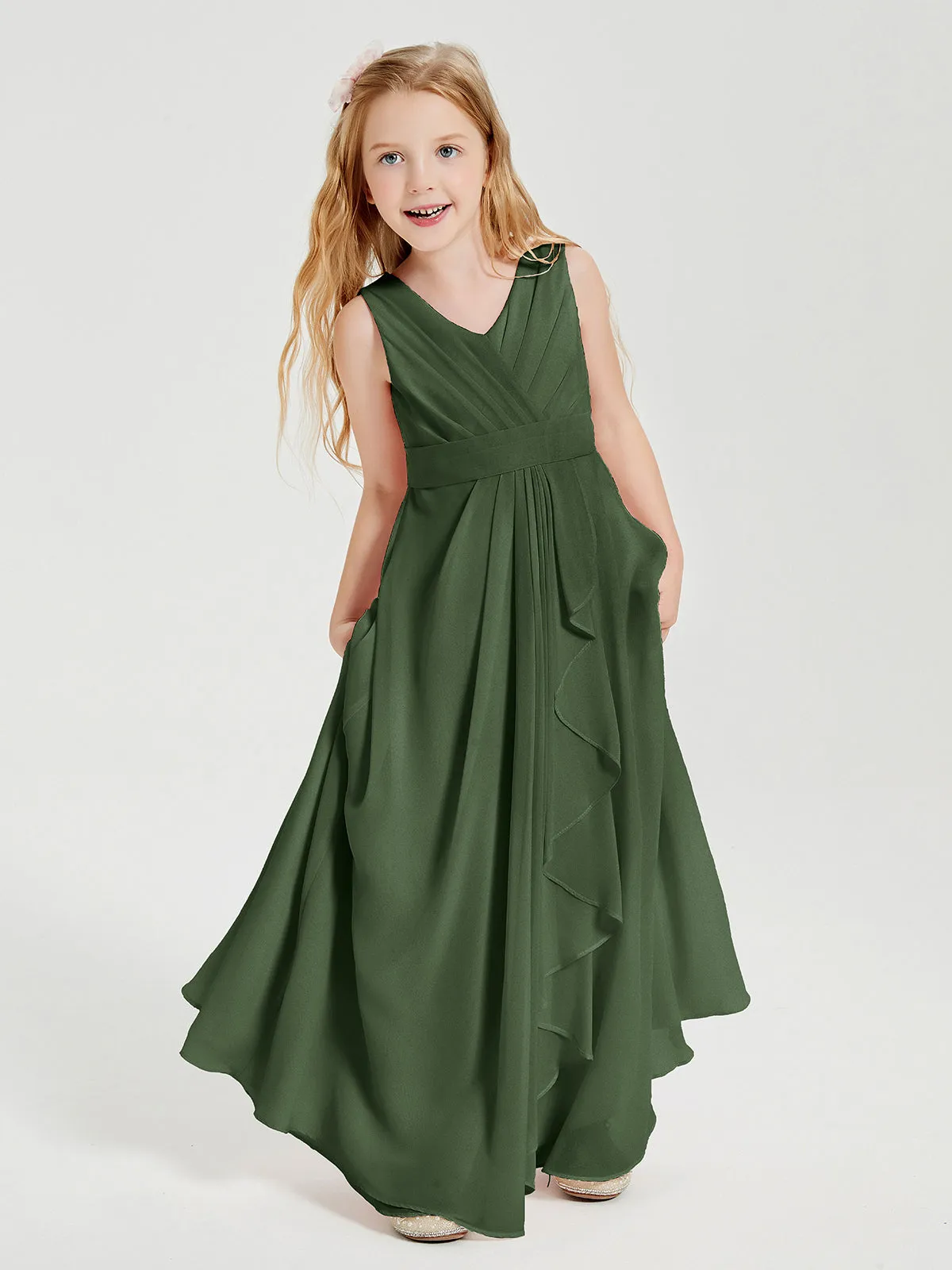 Boho Long Chiffon Bridesmaid Dresses Cascading Skirt Olive Green