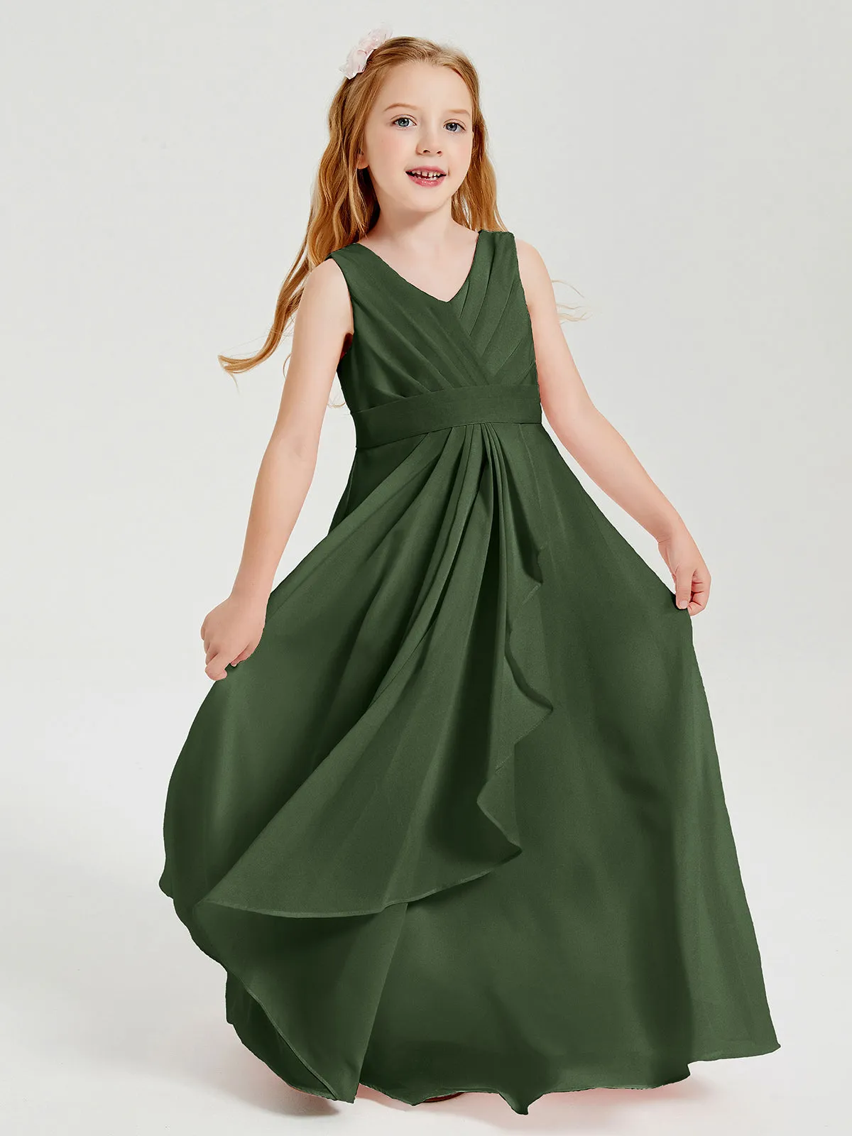 Boho Long Chiffon Bridesmaid Dresses Cascading Skirt Olive Green