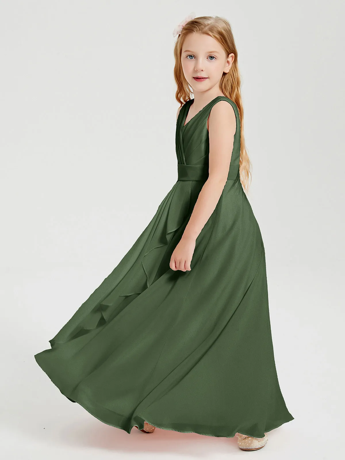 Boho Long Chiffon Bridesmaid Dresses Cascading Skirt Olive Green