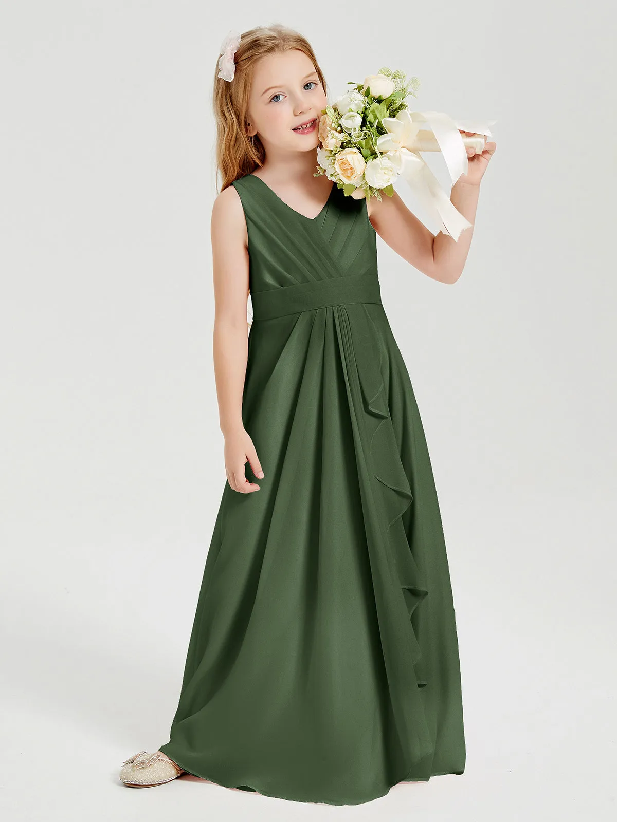 Boho Long Chiffon Bridesmaid Dresses Cascading Skirt Olive Green