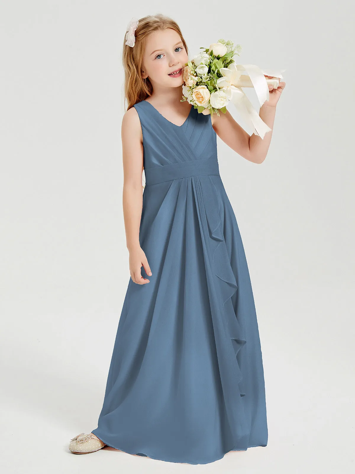 Boho Long Chiffon Bridesmaid Dresses Cascading Skirt Slate Blue