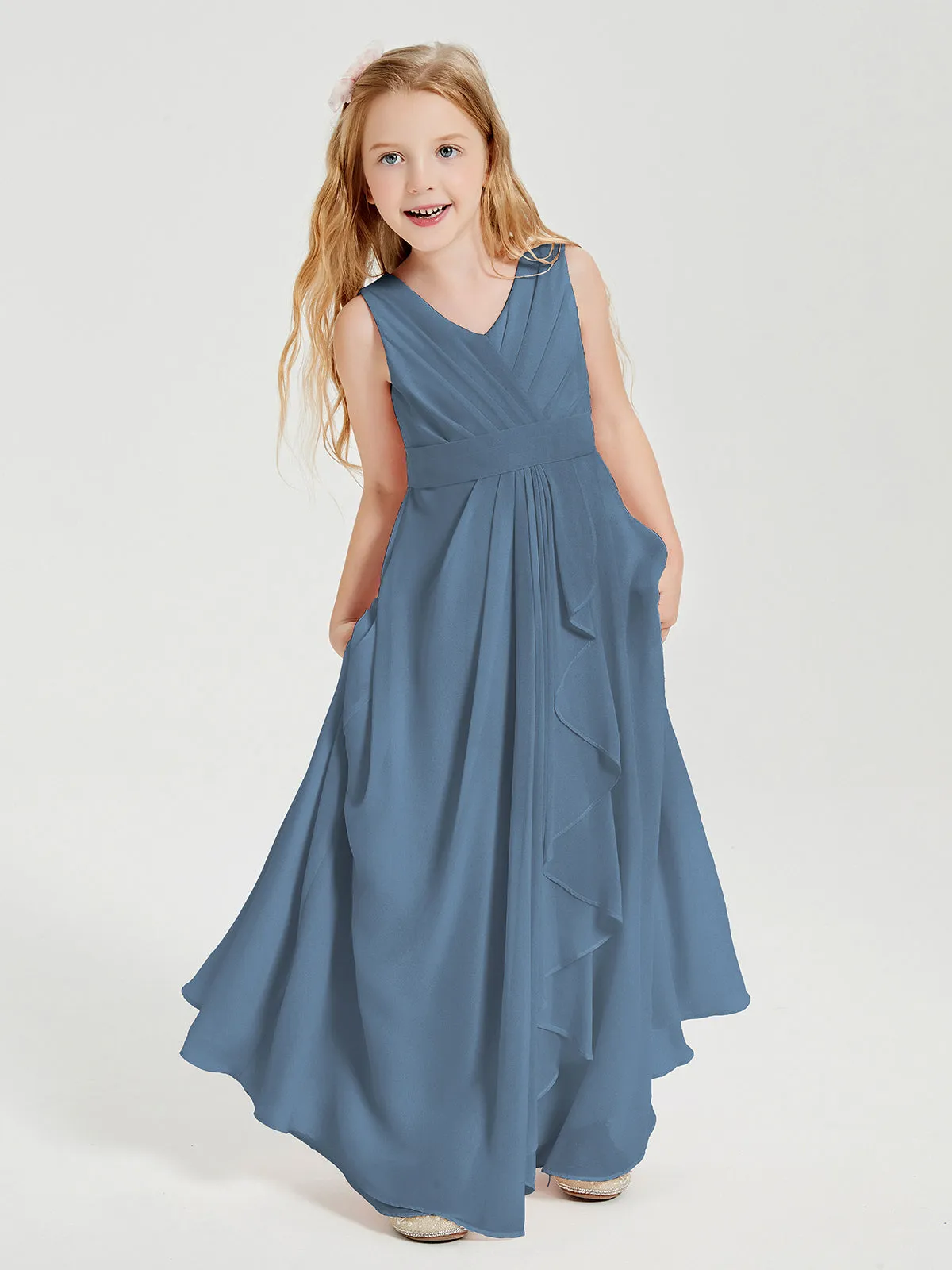 Boho Long Chiffon Bridesmaid Dresses Cascading Skirt Slate Blue