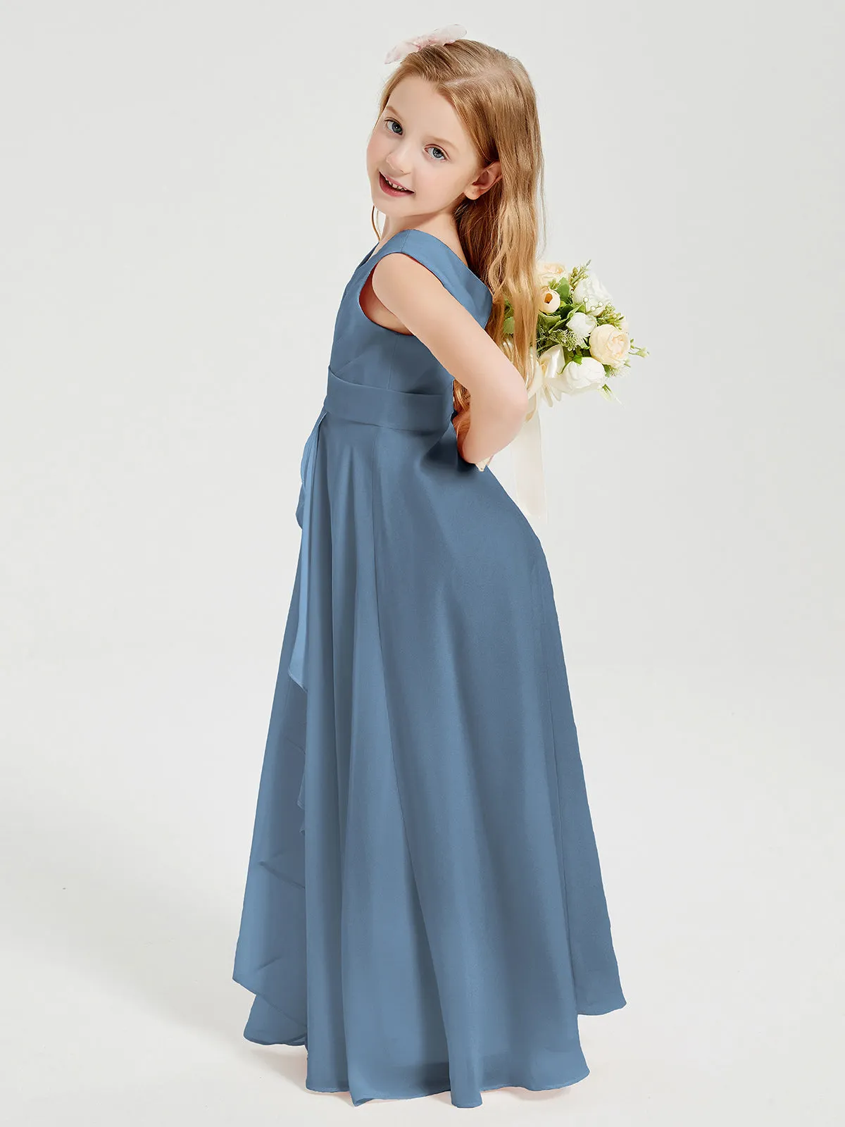 Boho Long Chiffon Bridesmaid Dresses Cascading Skirt Slate Blue