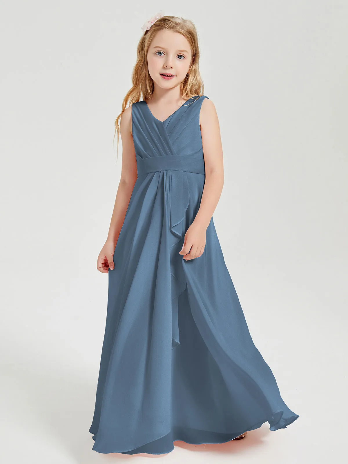 Boho Long Chiffon Bridesmaid Dresses Cascading Skirt Slate Blue