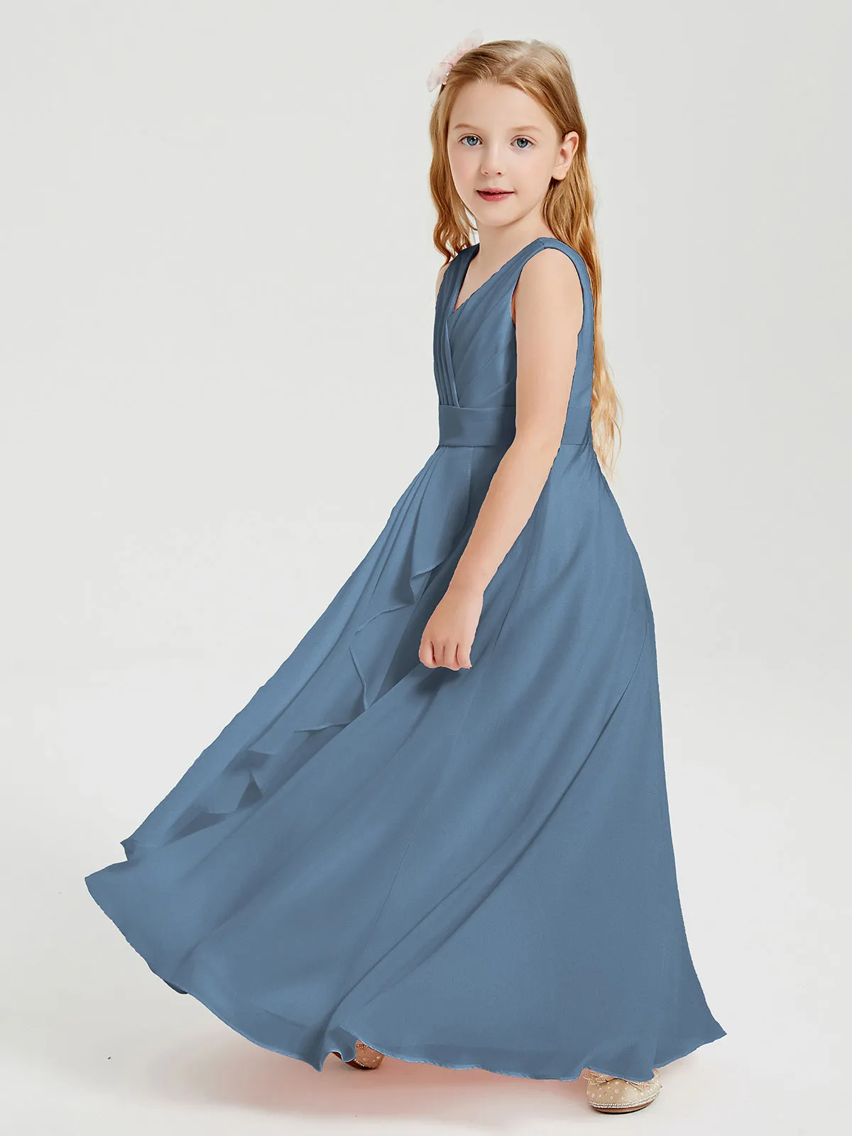 Boho Long Chiffon Bridesmaid Dresses Cascading Skirt Slate Blue