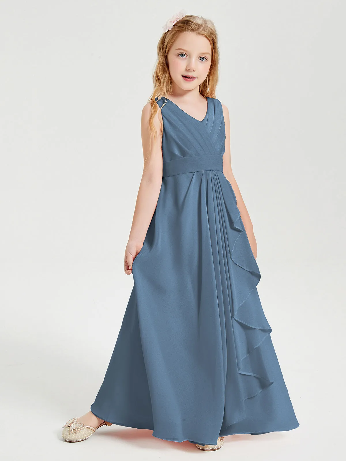 Boho Long Chiffon Bridesmaid Dresses Cascading Skirt Slate Blue