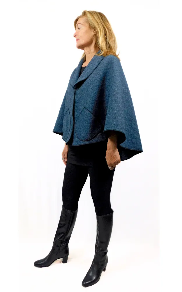 Boiled Wool Cape Jacket - Dusty Blue