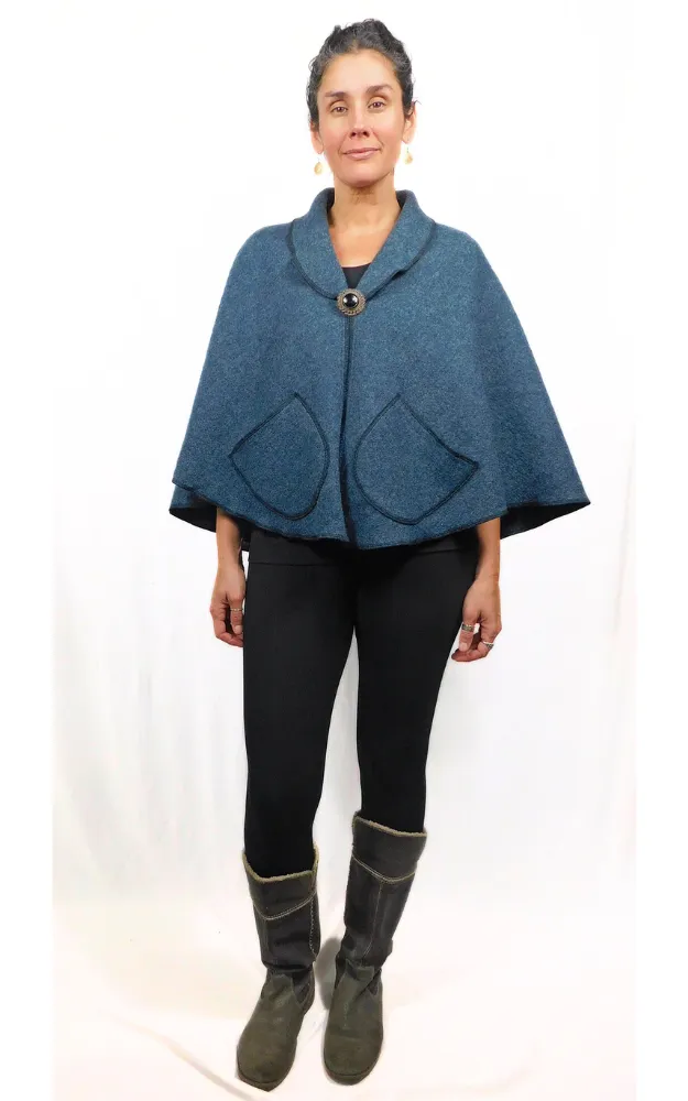 Boiled Wool Cape Jacket - Dusty Blue